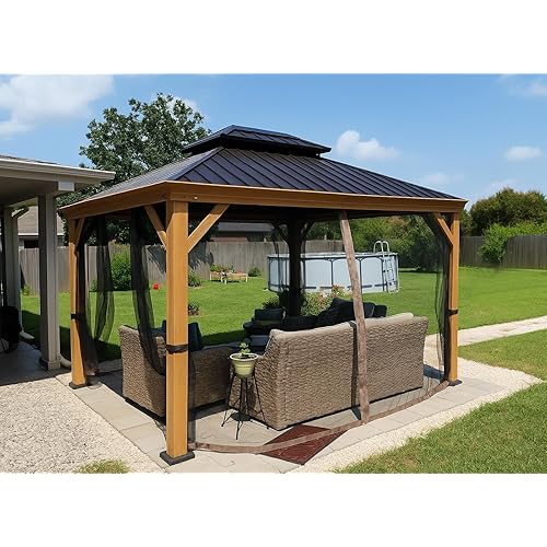 Kozyard Apollo 10’x12’ Hardtop Gazebo, Wooden Coated Aluminum Frame Canopy with Galvanized Steel Double Roof, Outdoor Permanent Metal Pavilion with Netting for Patio, Deck and Lawn (10ft x 12ft)