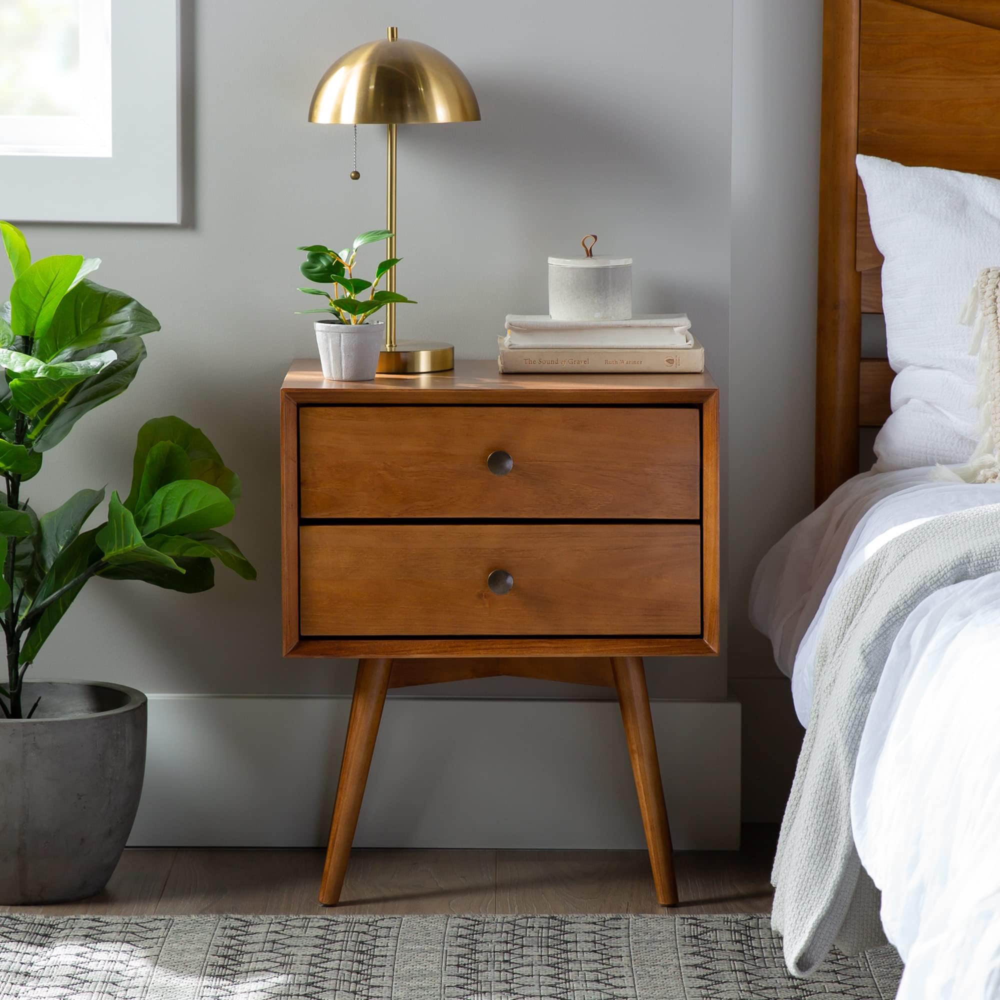 Amazon.com: Mid-Century Modern 2-Drawer Solid Wood Nightstands Caramel ...