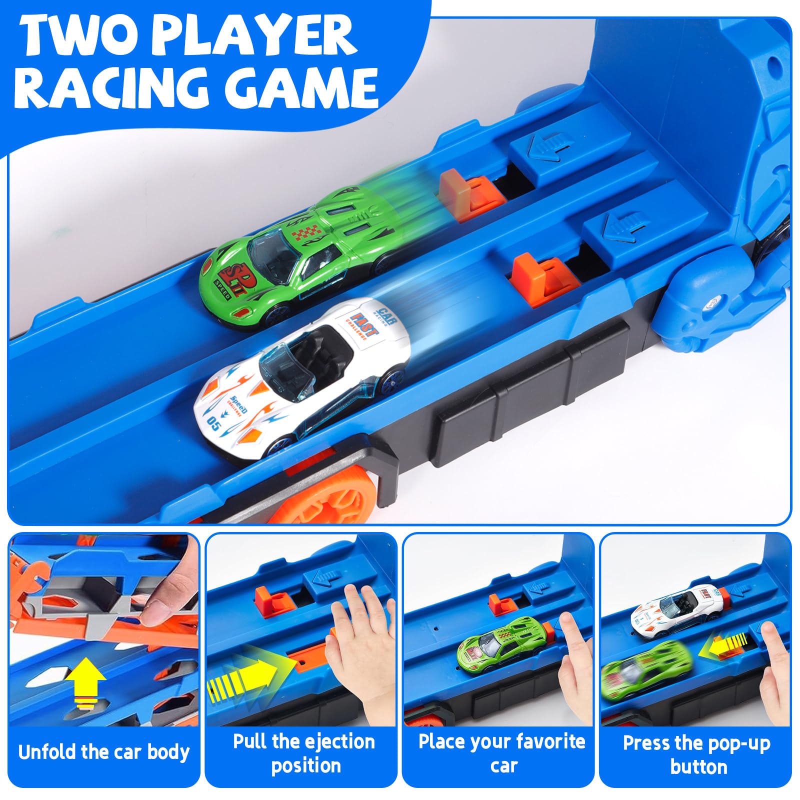 Camion dei Trasporti Dinosauro Giocattolo per Bambini, Giocattolo 3 in 1 con Pista Piegevole e Lanciatore, Camion Portatile con 12 Auto da Corsa, Regalo per Bambini di 3 4 5 6 7 8 Anni