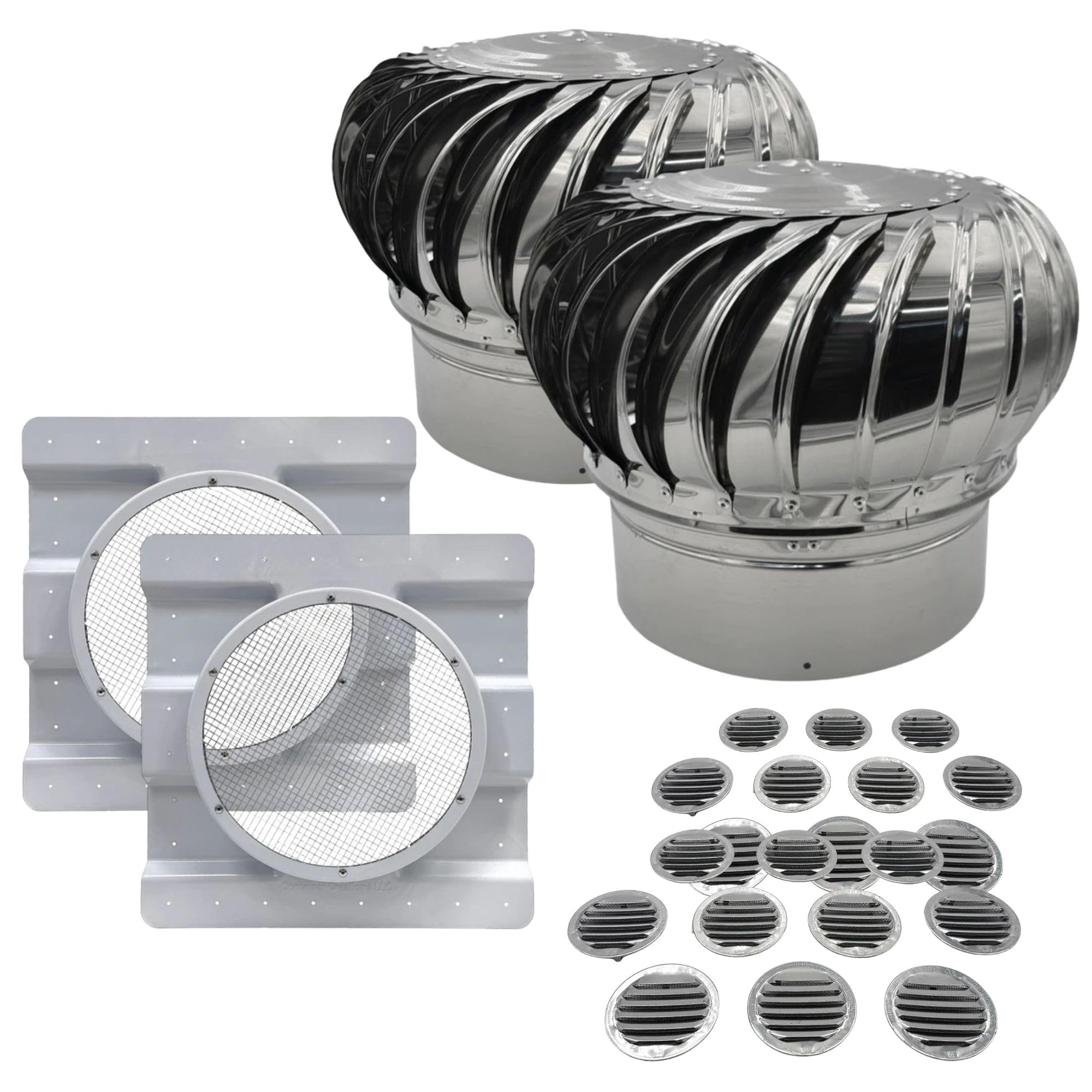 40ft Shipping Container Roof Vent System: (2) Whirlybird Wind Turbines, (2) Roof Vent Adapters, PLUS (20) 2.5" Sidewall Vents | No-Weld Vent for 3.5" Corrugation for Container Roof | Stop Condensation