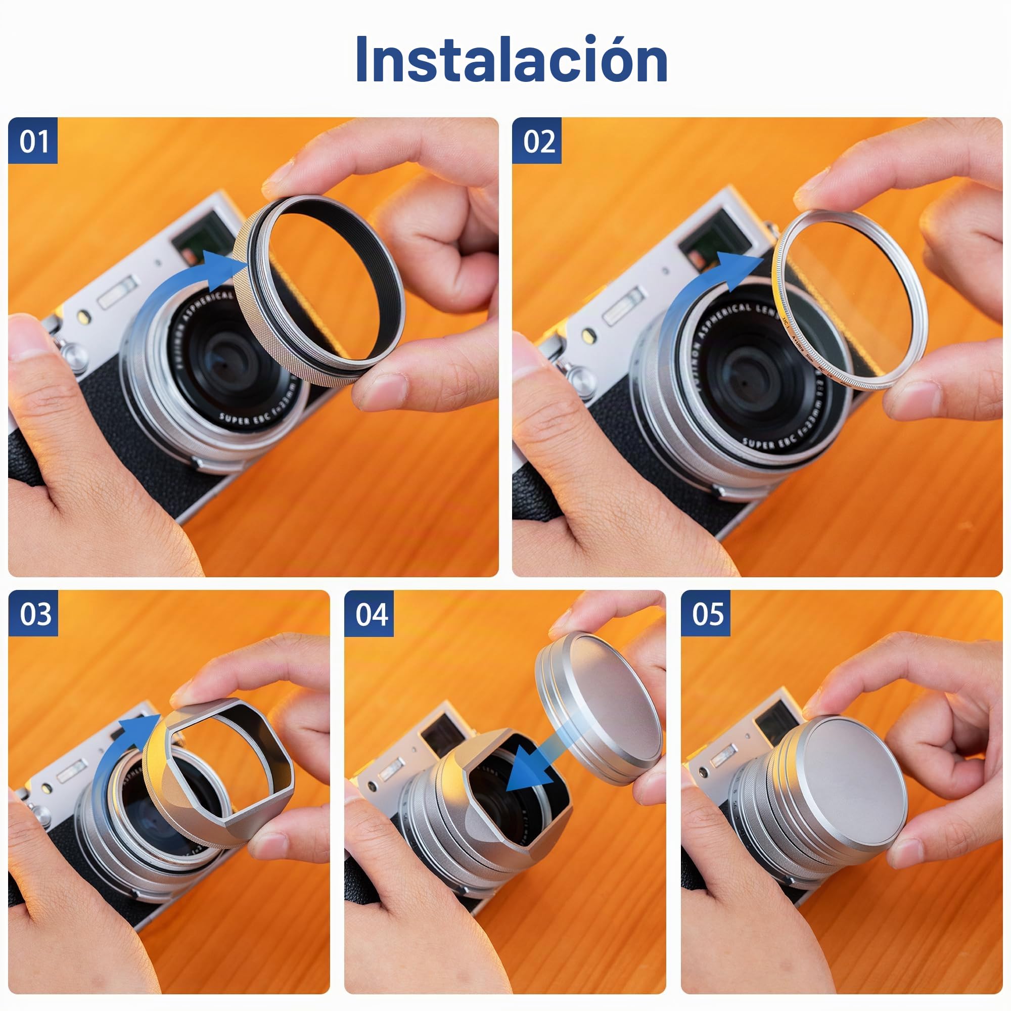 JJC Parasol clásico cuadrado de metal con anillo adaptador de 49 mm + tapa de capucha para cámara Fujifilm X100VI Fuji X100V Fuji X100F - Soporte de filtro de 49 mm - Negro