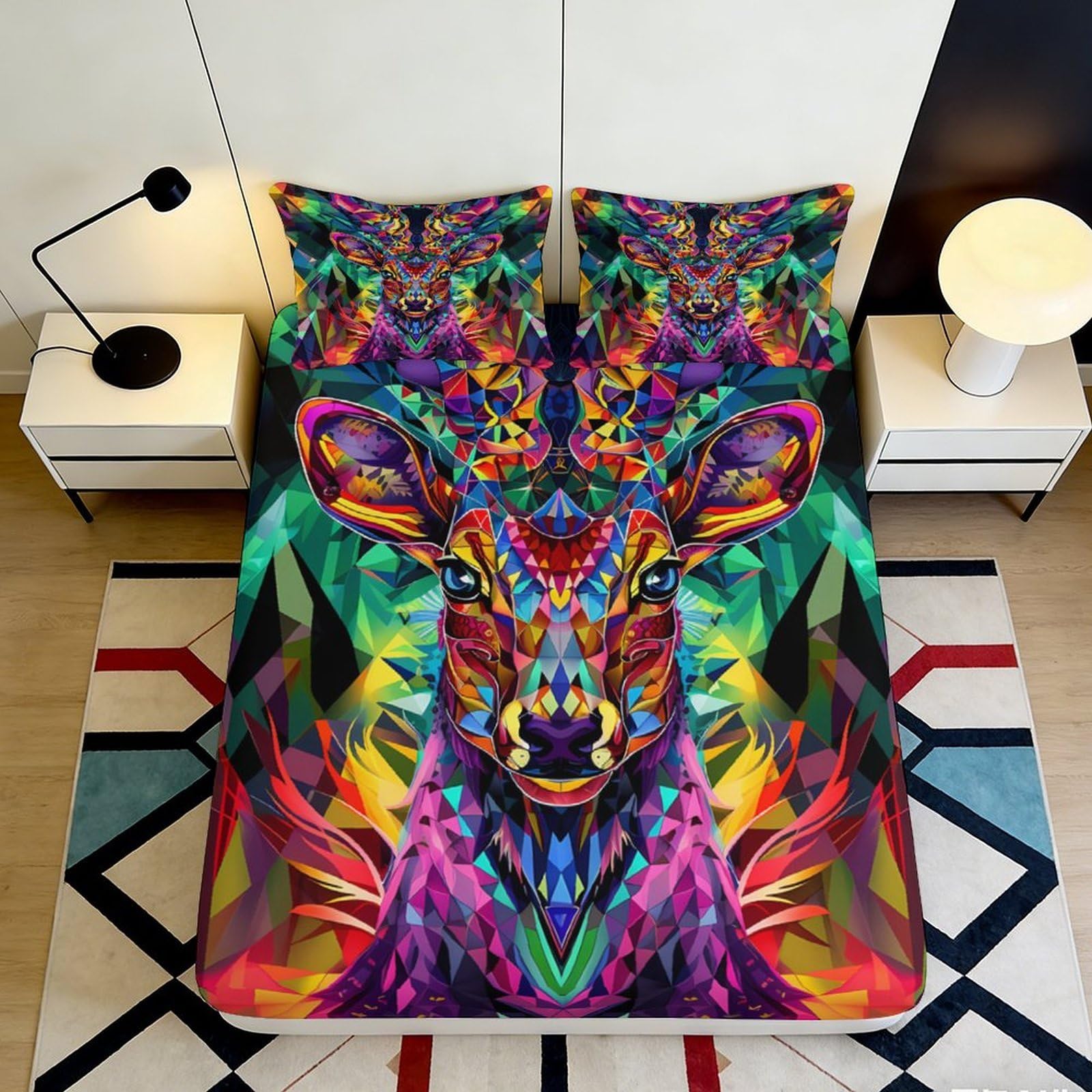 Jqzkxnhpbr Style-4 3D Printed Geometric Deer Fitted Sheet Microfiber Vibrant Abstract Mattress Cover For Bedroom Dorm Mattress Protection Decor 90X200x25cm