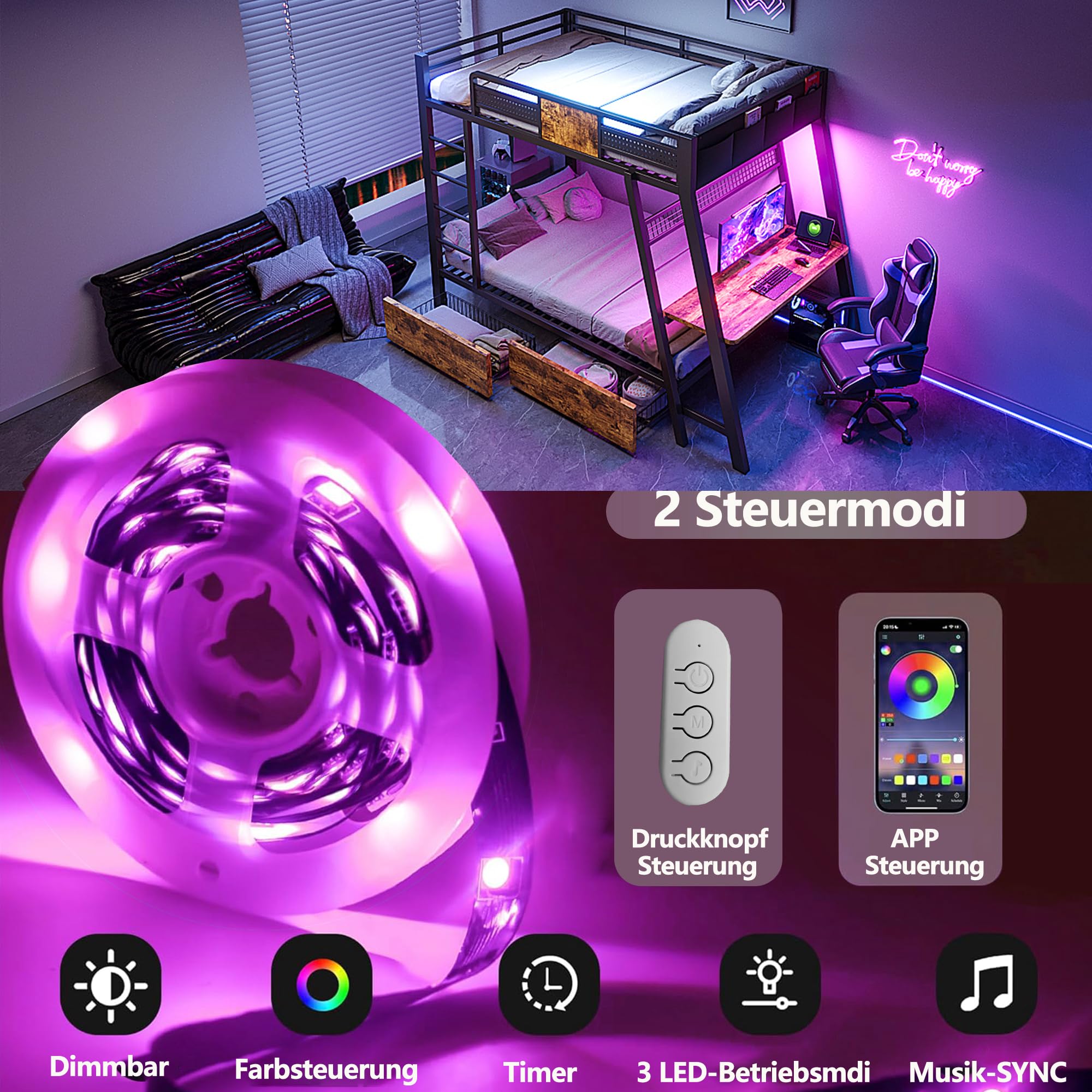 vutizal Metalowe łóżko piętrowe 90 x 200 ze stołem gamingowym, USB-C, LED