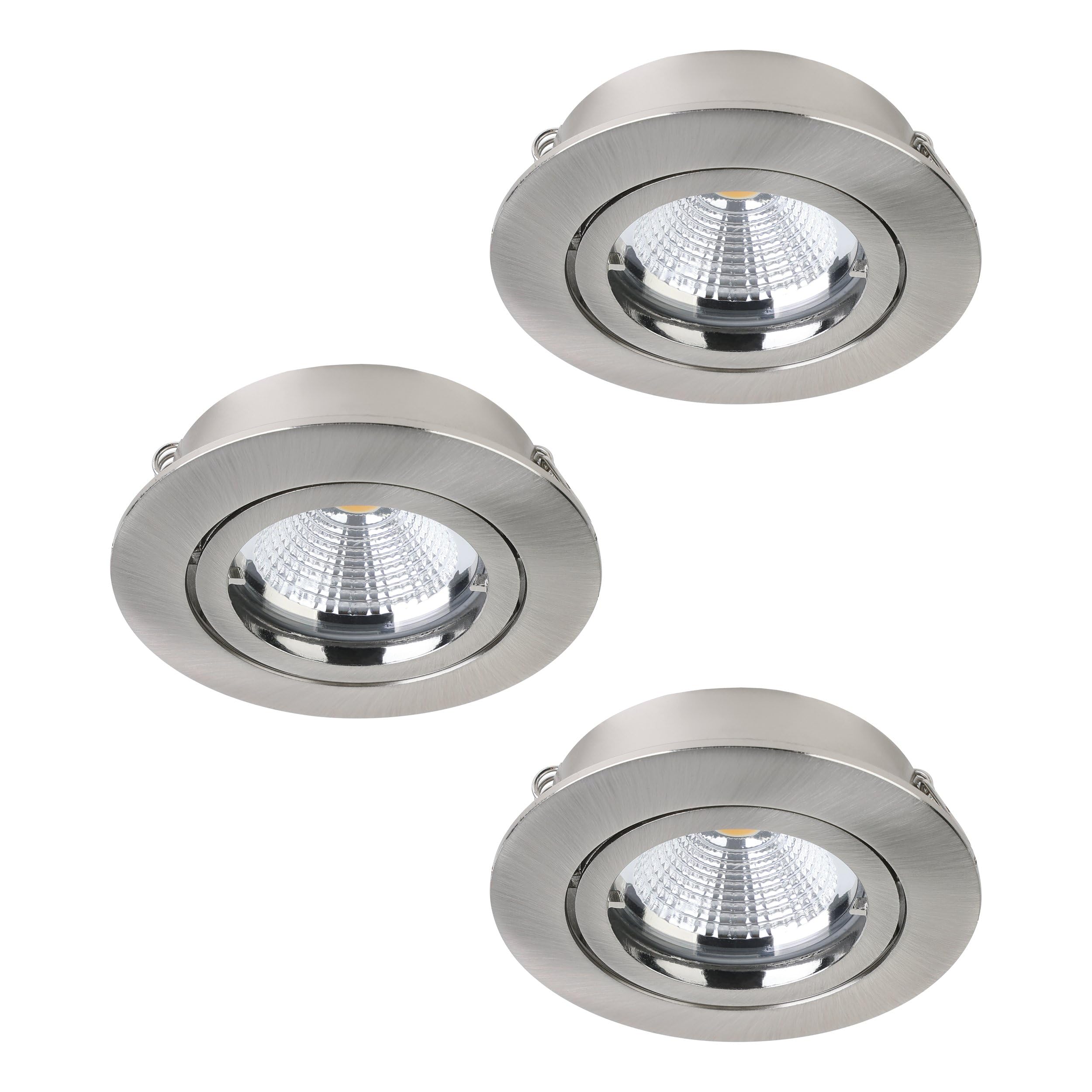 EGLO 3er-Set Einbaustrahler Tedo 1, Spots Set aus Aluminiumguss in Nickel-Matt, 3 Einbauleuchten mit GU10 Fassung, LED Leuchtmittel inklusive, dimmbar in Stufen, Spot flach, schwenkbar, Ø 8 cm