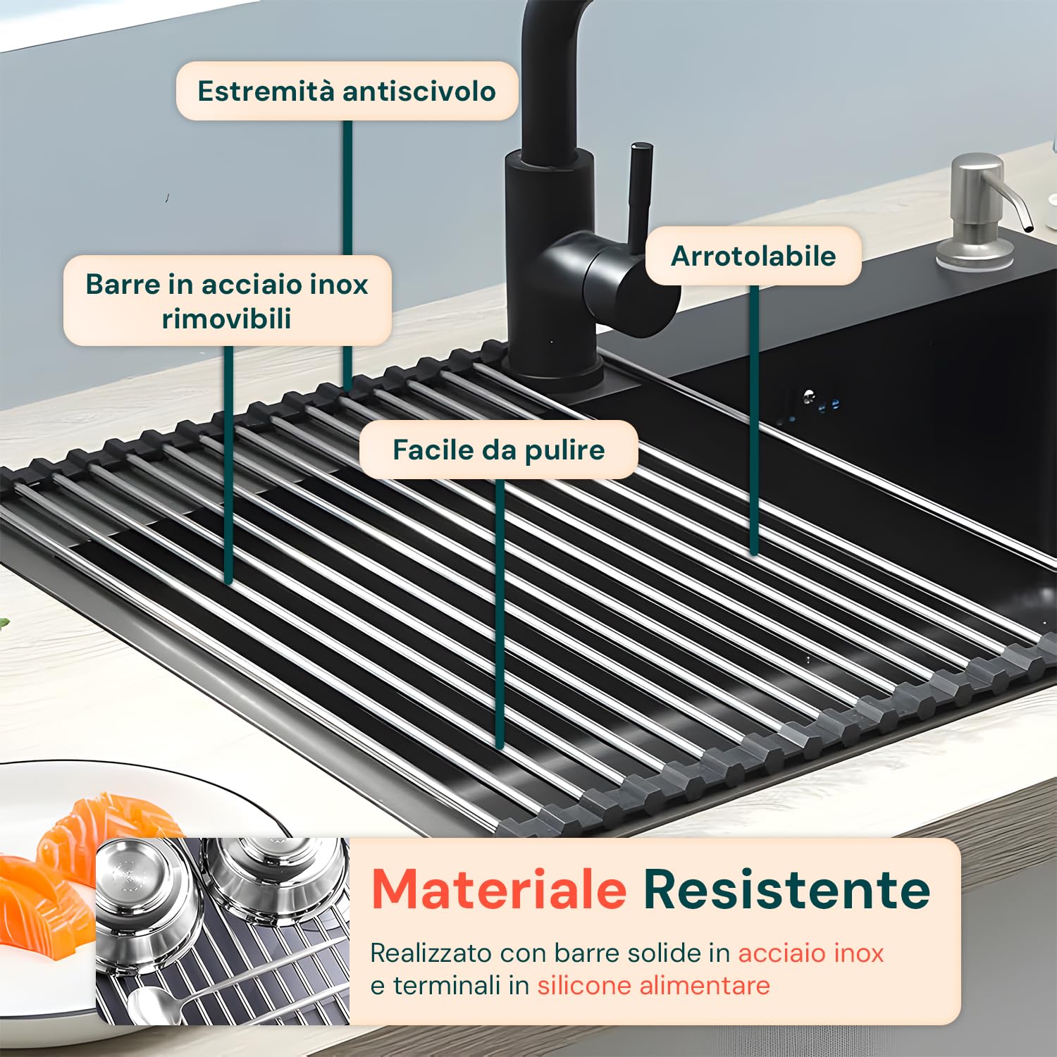 Avilia - Scolapiatti da Lavello Arrotolabile in Acciaio Inox 43x35 cm Resistente al Calore, Facile da Pulire, Ideale come Griglia Scolapiatti e Piano d’Appoggio Salvaspazio