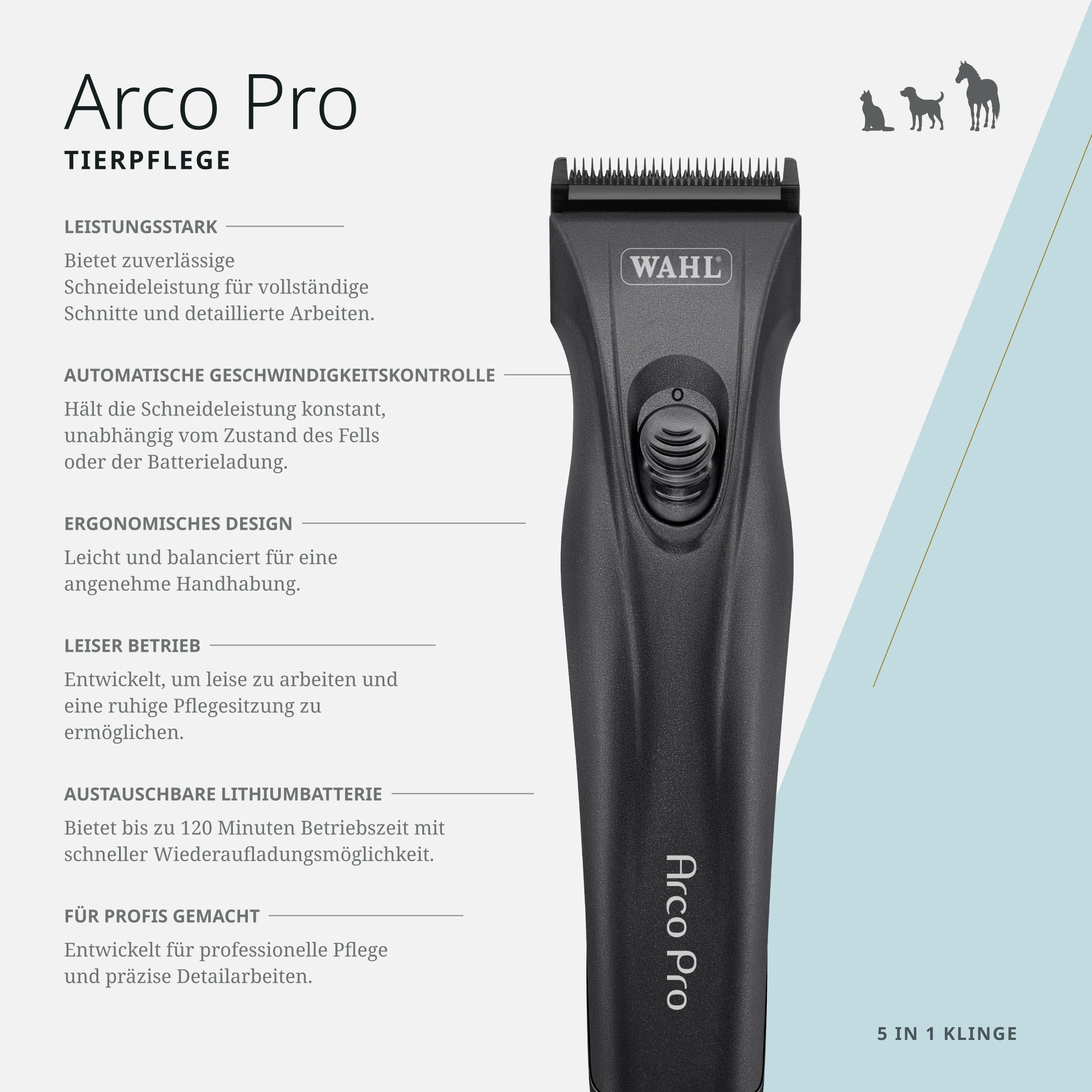 Wahl Arco Pro, Kabellose Tierschermaschine für Hunde und Katzen | Kabelloser Tierhaarschneider für mittelgroße Hunde und Katzen, Wechselakku, 120 Minuten Laufzeit, 0,7-3 mm Profiklinge