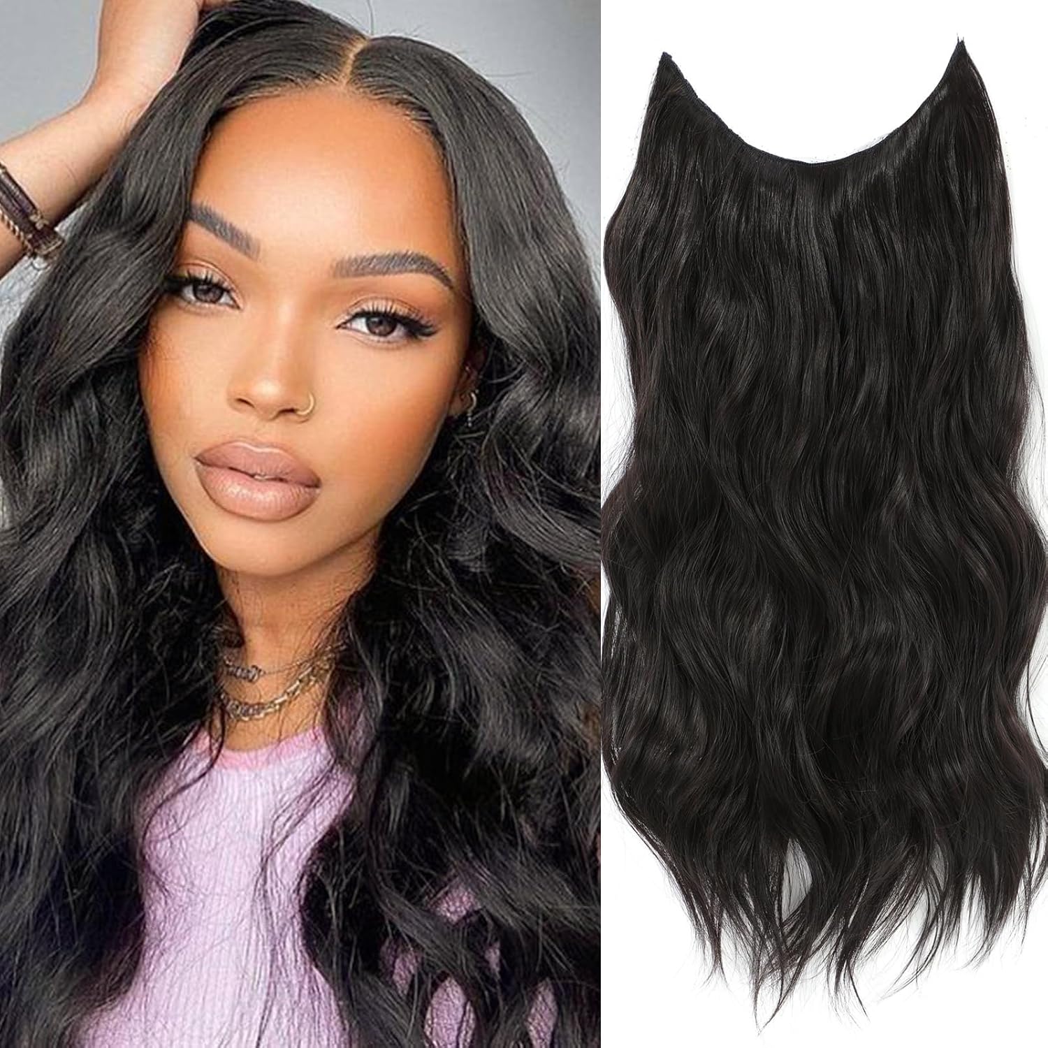 Invisible Wire Hair Extensions with Transparent Headband Adjustable Size 4 Secure Clips Long Wavy Secret Wire Hairpiece for Women (16 Inch, Black/1B#)