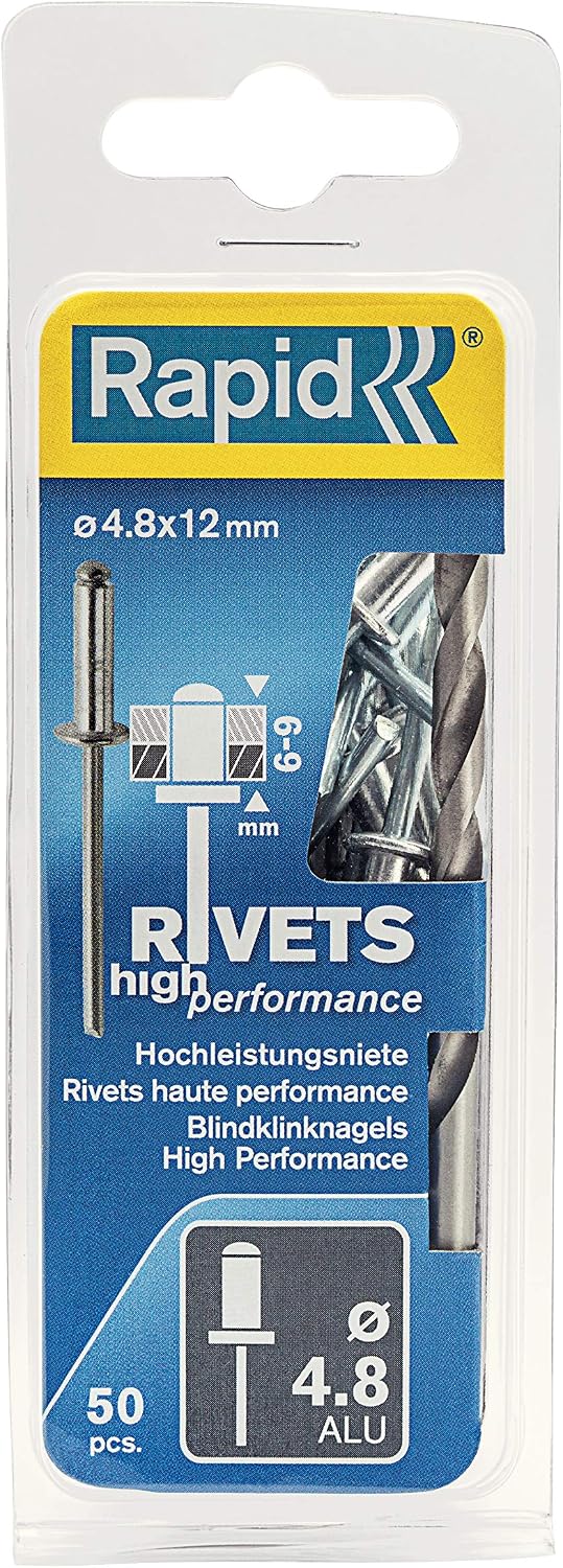 Rapid Rivets High Performance Including Drill Piece, 4.8 x 12 mm, 5000388 - 50 Pieces, Silver/ Blue/ Clear