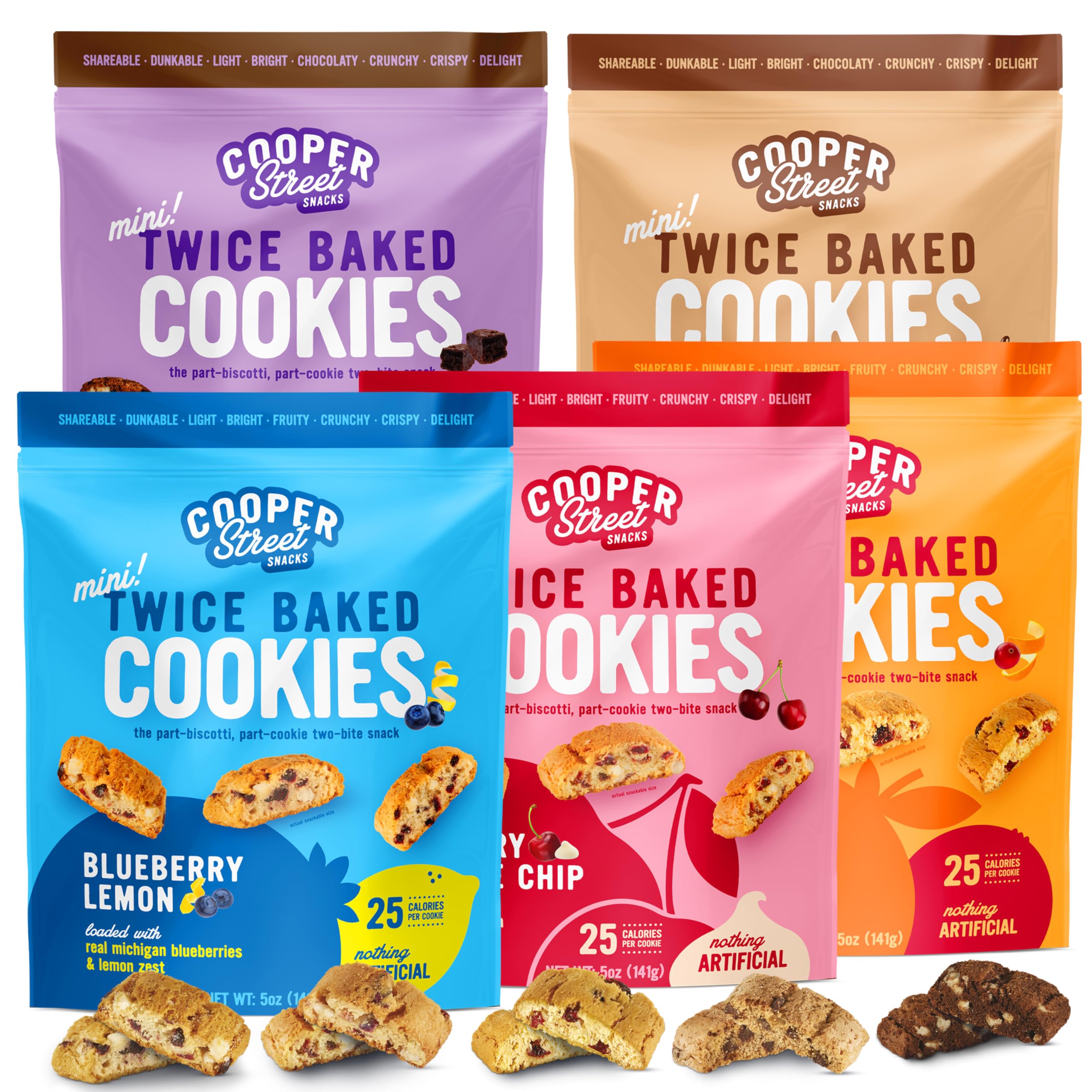 Cooper Street Twice Baked Biscotti Cookies Variety Pack - 5 Pack (5oz Each) - Light and Crispy Coffee Cookies 5 Flavors Assortment - Low-Calorie Snacks for Adults & Kids - Dairy & Peanut Free, Kosher