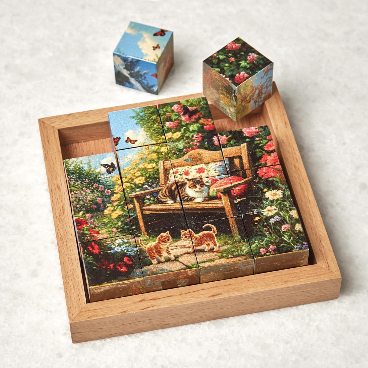 Bits and Pieces Wooden Block Puzzle in Wood Tray - 6 Different Images, Seasons Seasonal Scenes with Animals - 1" Blocks 3D Puzzles for Adults (16 Piece Puzzle)
