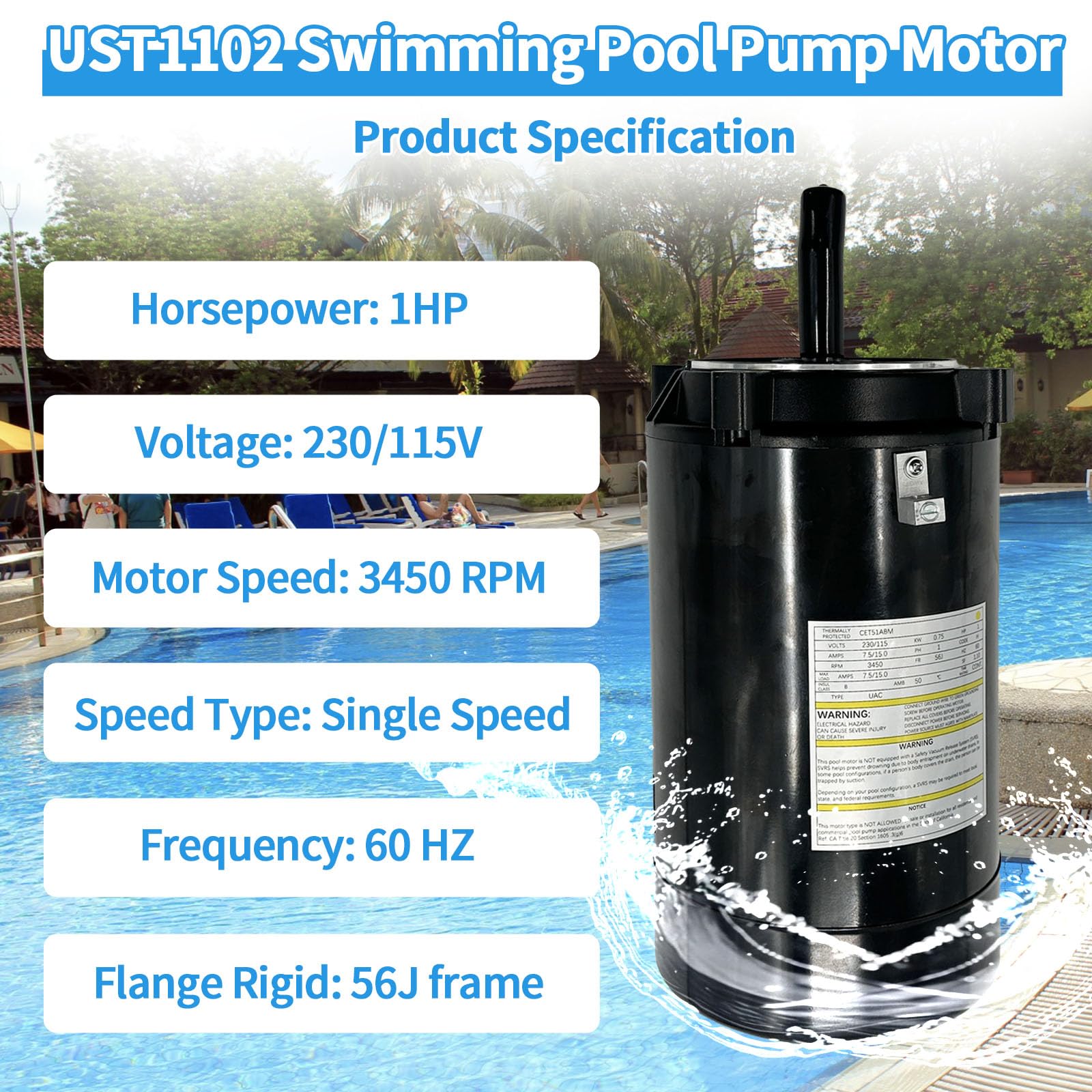 UST1102 1HP 115/230V Swimming Pool Pump Flange Motor Compatible