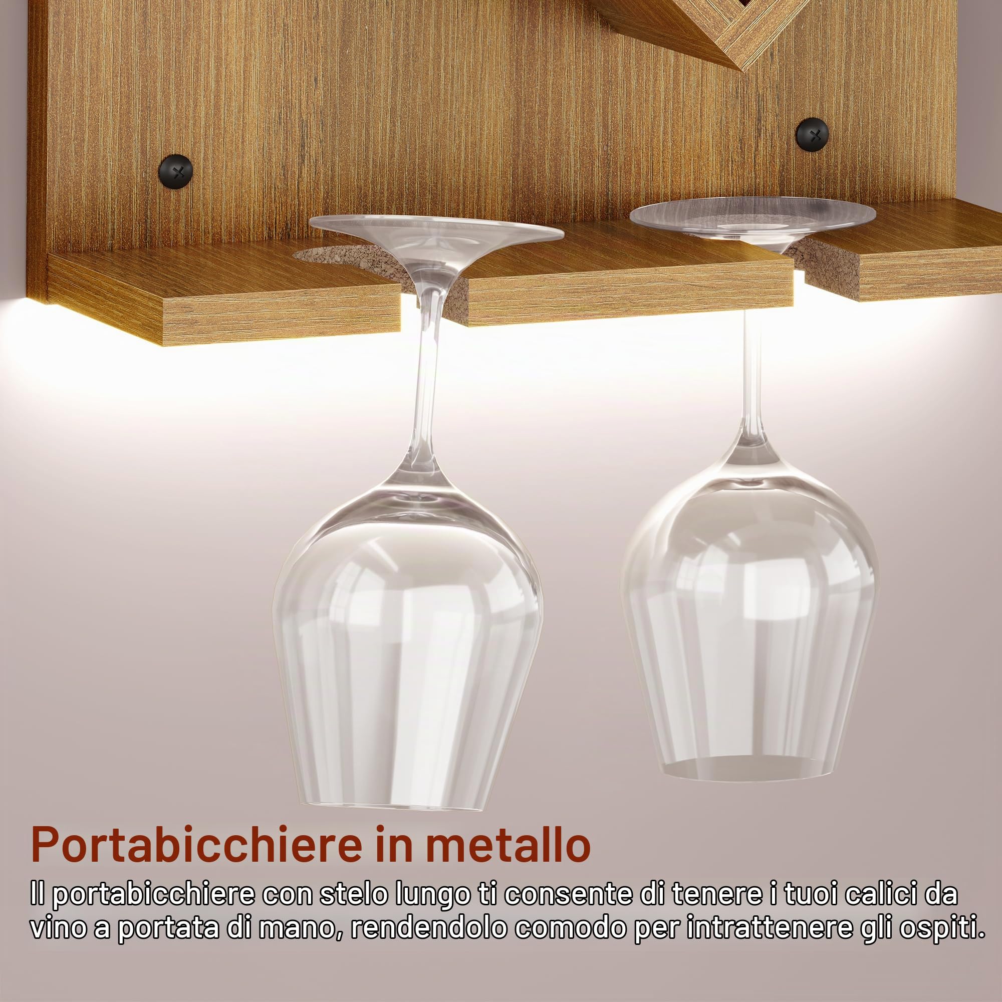 FAVOOSTY Portabottiglie da Parete,in legno,Portabottiglie da Appendere a 6 ripiani con portabicchieri, per cucina, Sala da Pranzo, Camera da Letto, Cantina, bar,Marrone chiaro