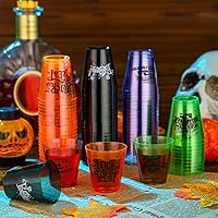 Vista 3 de Sunnyray 48 vasos de chupito de plástico para Halloween a granel de 2 onzas de plástico duro transparente, vasos desechables coloridos de sabor
