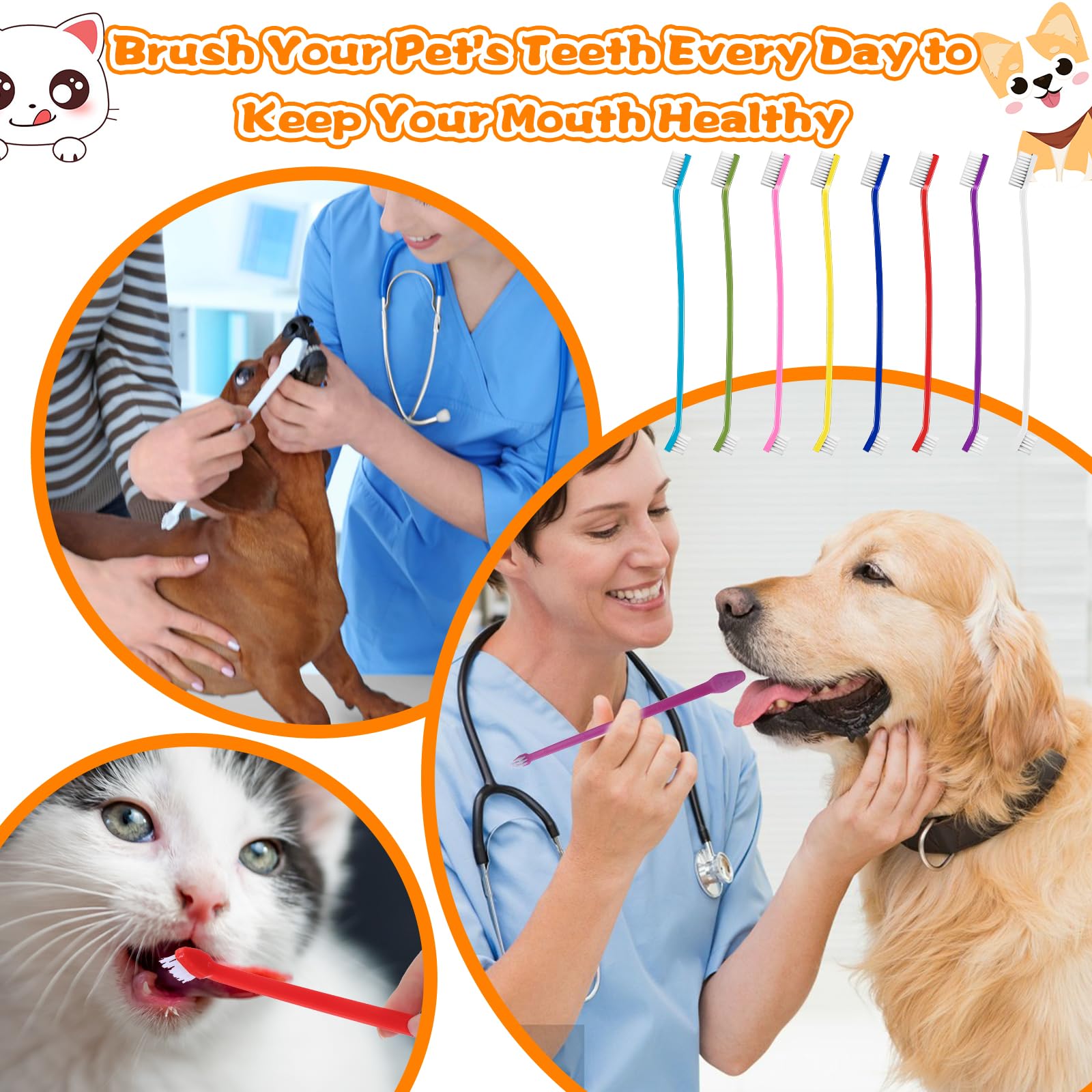 Lot de 160 brosses dentaires à double tête pour chien en vrac, brosse à dents à long manche pour chiot, grand et petit chat, 8 couleurs, matériau PP, nettoyage manuel