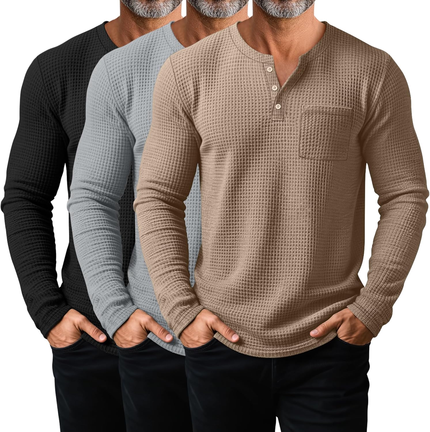 3 Pack Men's Waffle Henley Long Sleeve Thermal Shirts, Lightweight Casual Undershirts Pullover Tops with Pockets