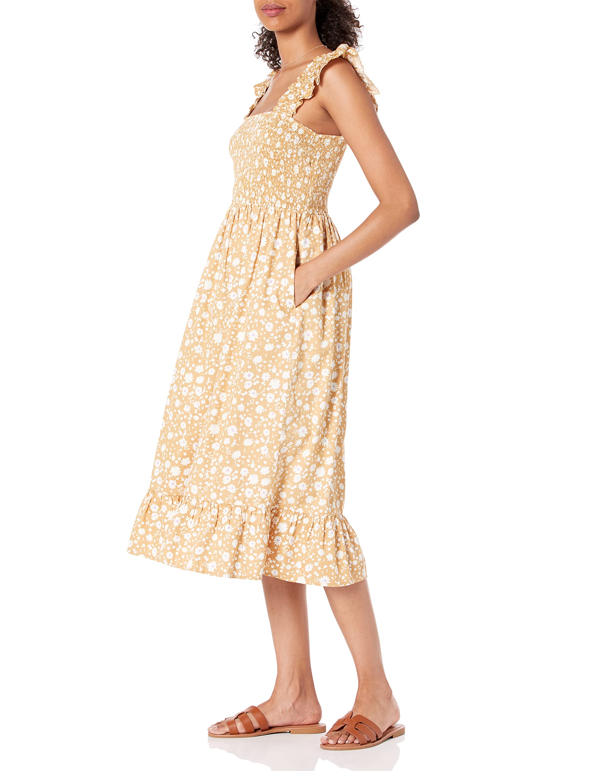 The Drop Vestido midi Kimi para mujer, fruncidos y tirantes con volantes