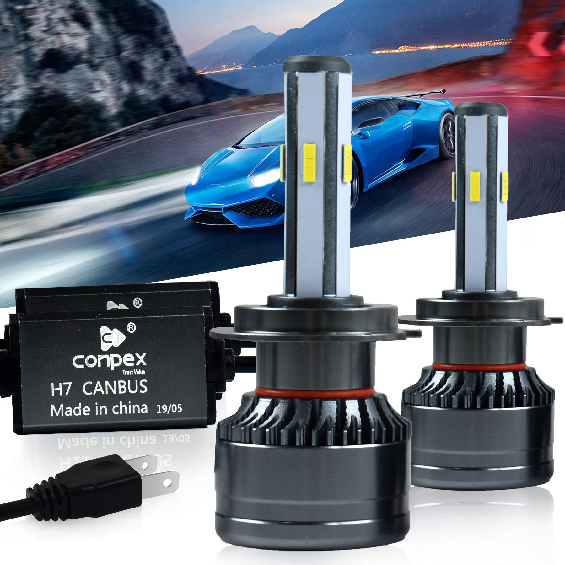 CONPEX H7 LED Headlight Bulbs Conversion Kit Car Hi/Lo Beam Anti Flicker 5 Side 400W 18000LM 6500K White Free Error All-in-one 2 Years Warranty