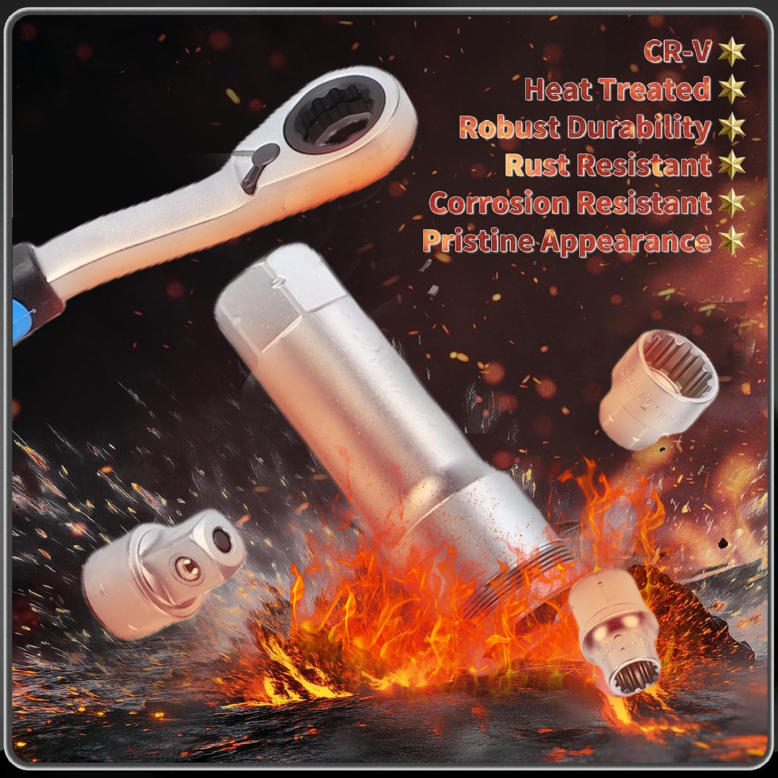 Goshyda Juego de Llaves de Paso de 17 Uds., Tomas Métricas de Accionamiento de 3/8 Pulgadas y 1/2 Pulgadas, 2 en 1, Trinquete de 72 Dientes, Kit de Llave con Perno Largo de Acero CR V