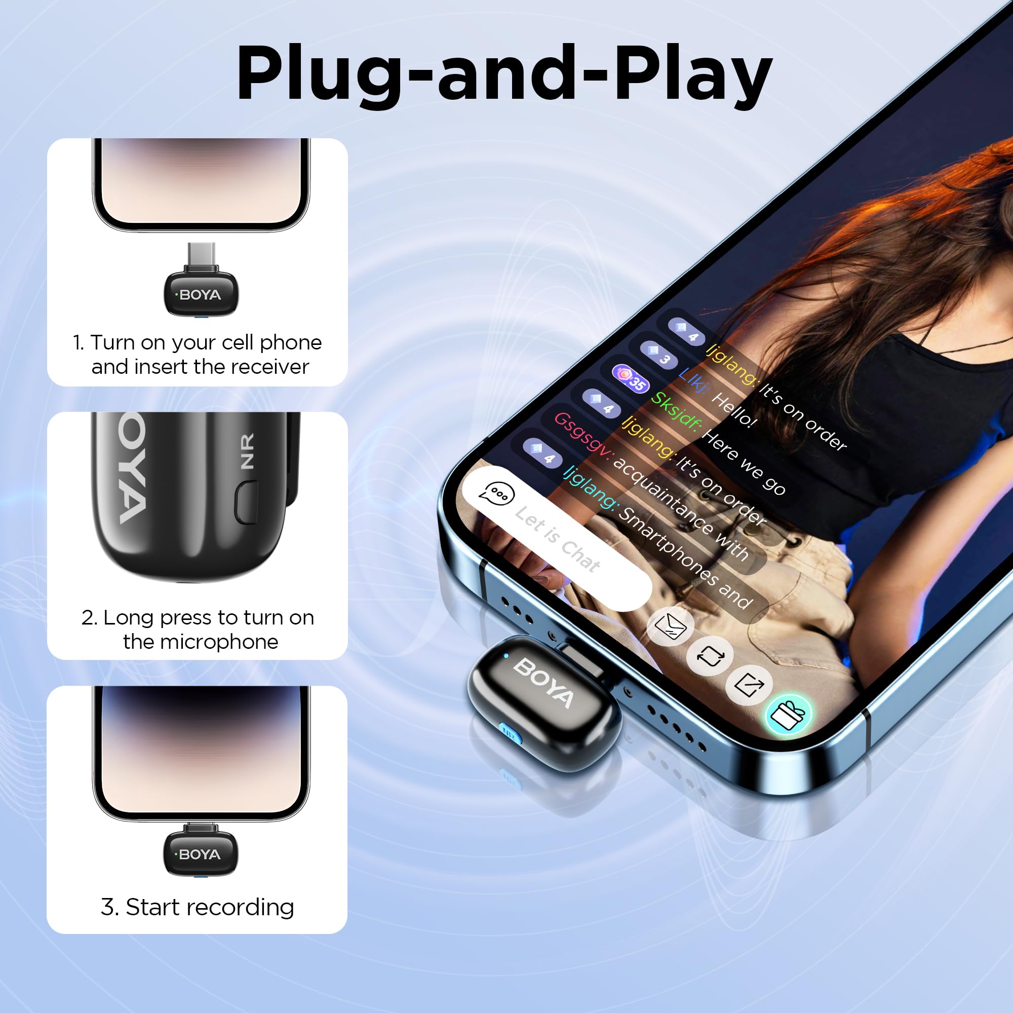 BOYA BOYAMINI Microfono wireless, mini microfono lavalier per iPhone, PC Android e laptop con USB-C/Lightning, 100 m, 36 ore di alimentazione per registrazione video, streaming di podcast