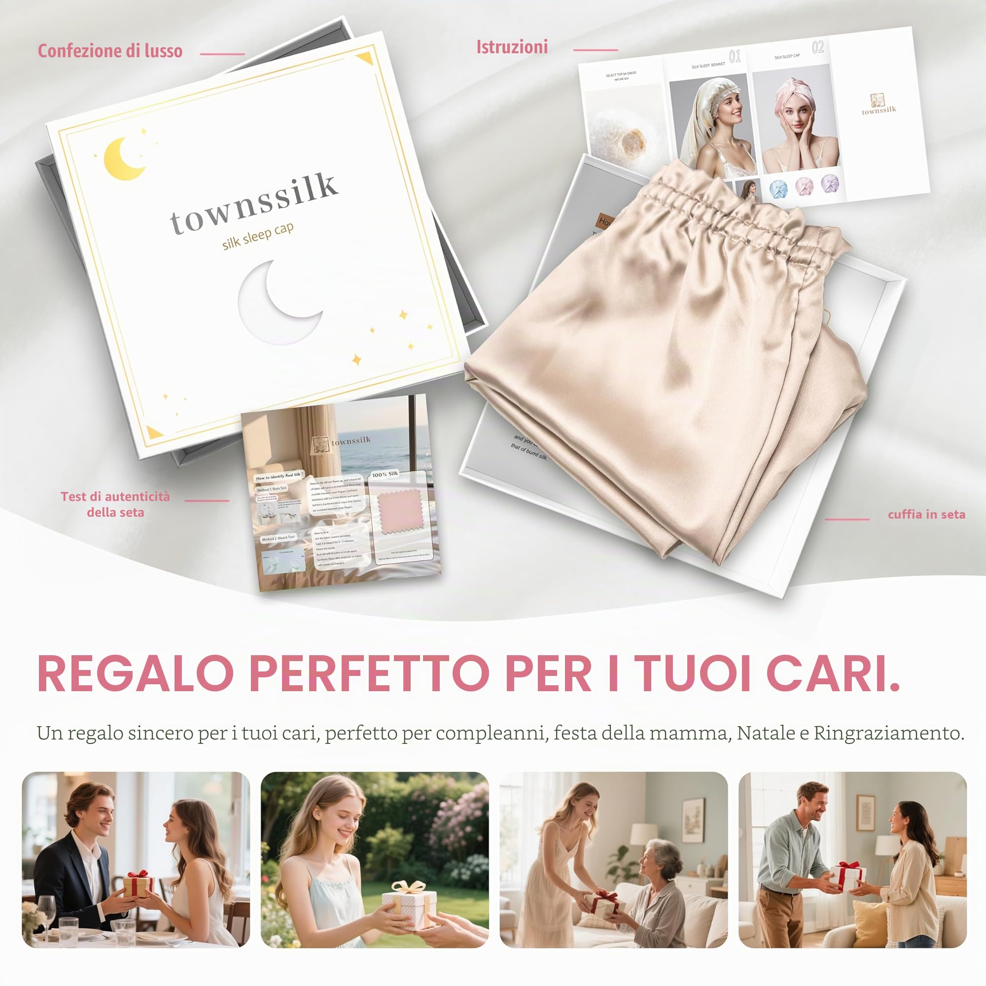 Townssilk Copri-capelli in seta per dormire, 100% seta di gelso 22 momme, per donna, lussuoso, traspirante, si posiziona comodamente durante la notte senza pressione, ideale per capelli lunghi e ricci