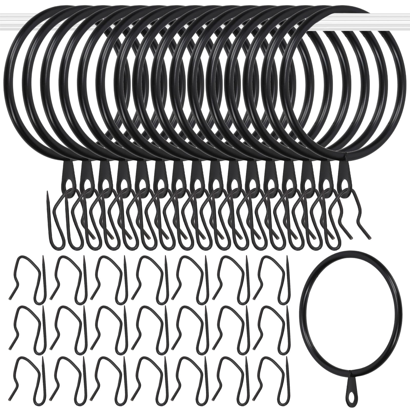 Glarks 30 Sets 50mm/2inch Black Metal Drapery Curtain Hanging Rings Set, includes 30pcs Curtain Rings and 30pcs Drapery Pin Hooks, Drape Sliding Eyelet Rings for Sliding Window Bathroom Door