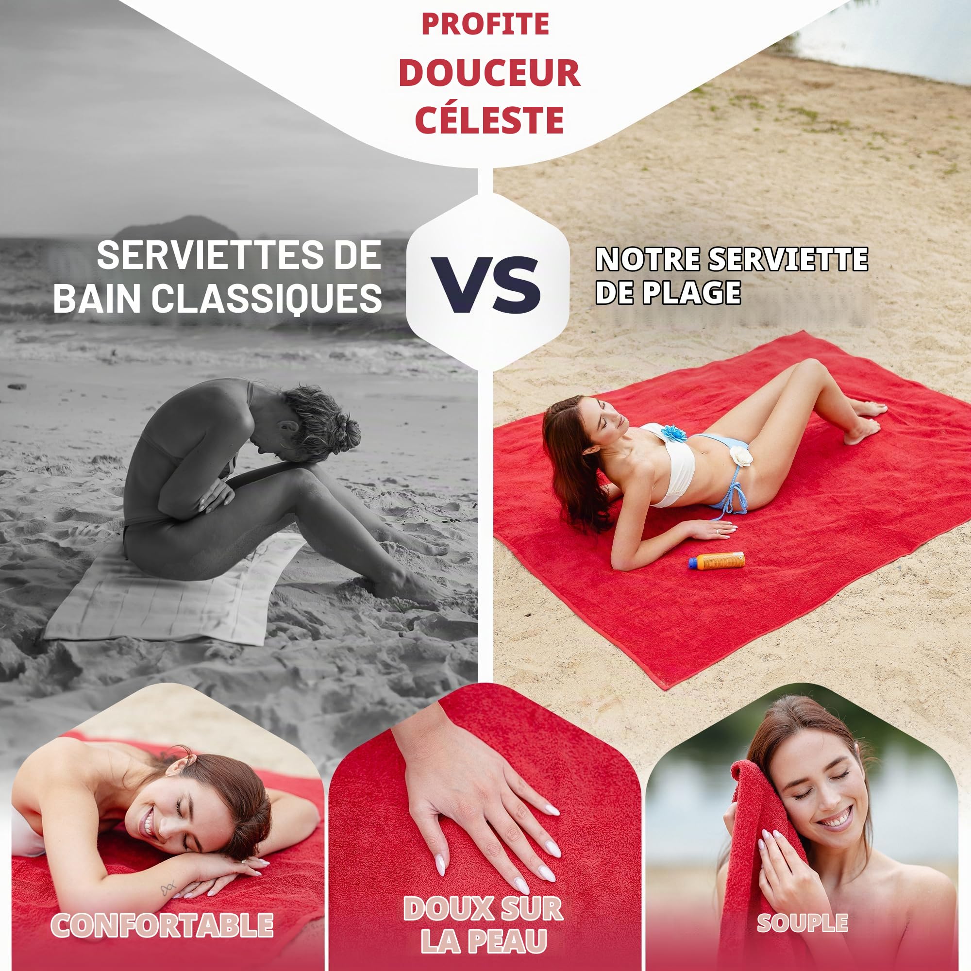 Serviette XXL | Bain | Sauna | Plage | Grande Taille 100x220cm et 155x220cm avec Ouvre-Bouteille | Rouge