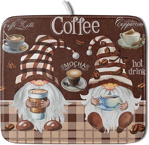 Tapete de secado de platos de gnomos de café, a cuadros marrones, absorbente, de secado rápido, para tazas, tapete de microfibra antideslizante