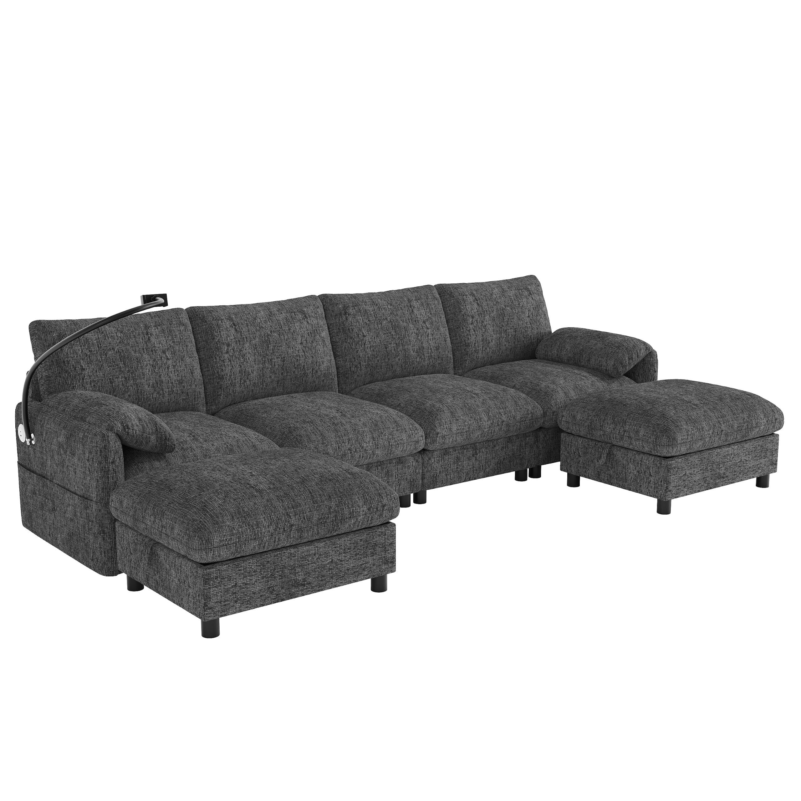 Sofa Modular Esquinero en Forma de U/L con 2 Taburetes de Almacenaje | Sofa Rinconera con USB y Soporte para Móvil, Sofas de Salon para 6 Personas, Chenilla, 273.5x133x81 cm, Gris
