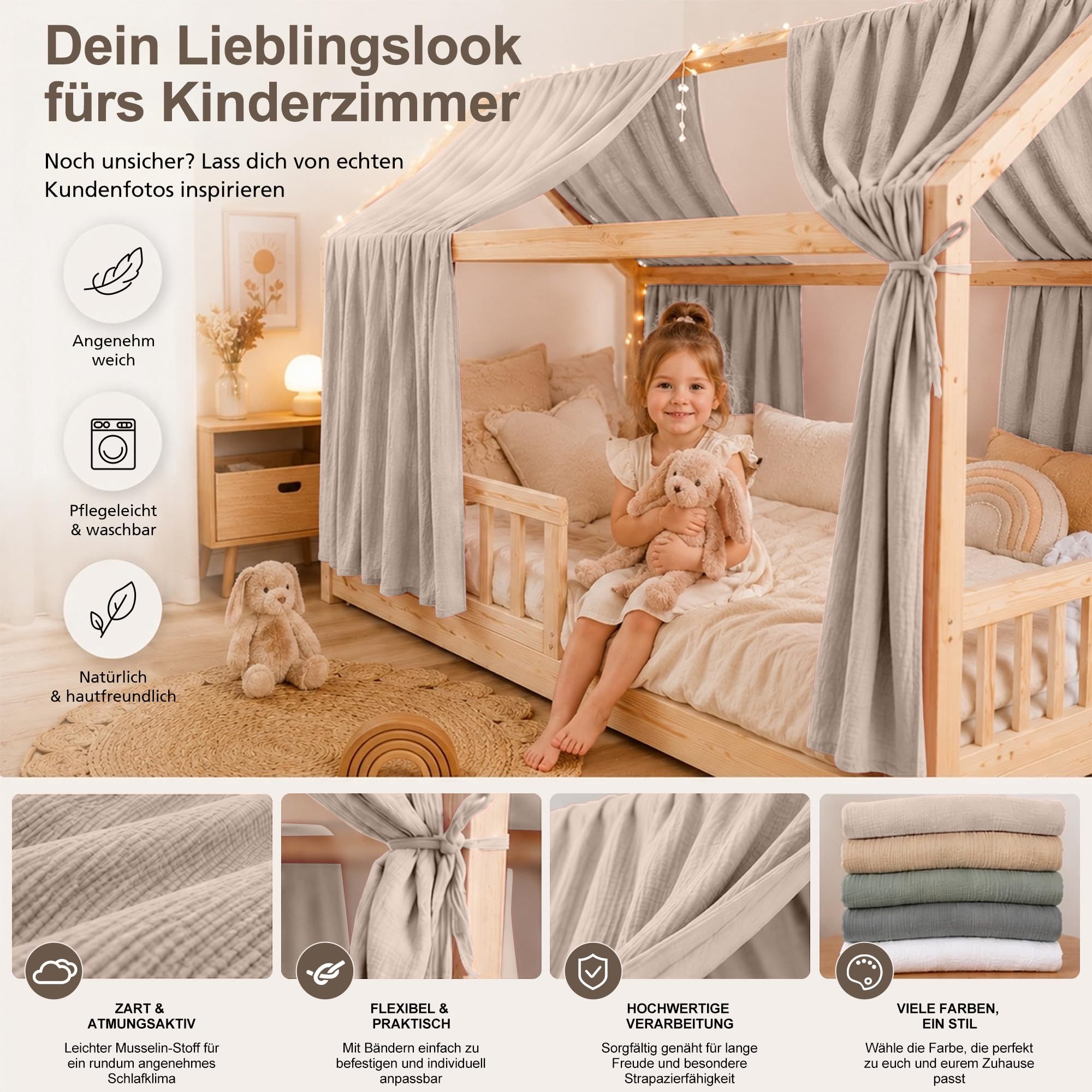 Hausbett Himmel Kinder Betthimmel Kinderbett mit 3m Wimpelkette, Hellgrau | Betthimmel Hausbett aus 100% Baumwolle Musselin - Stoffhimmel für Hausbett Deko Mädchen & Jungen - Himmel für Hausbett Kinder