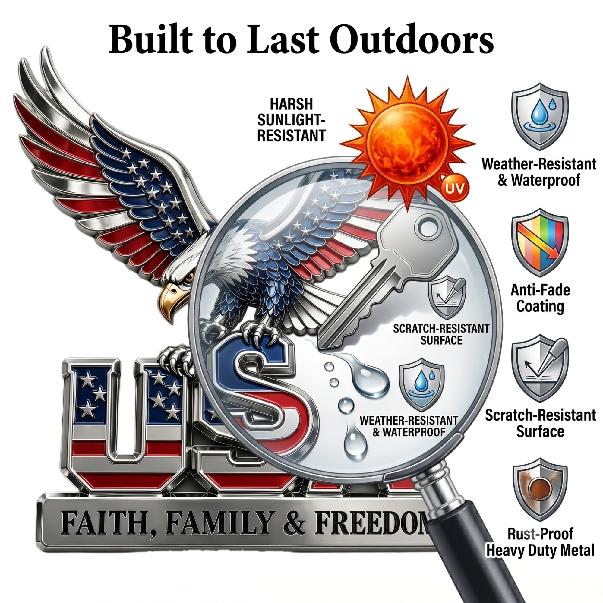 USA Faith Family & Freedom Metallemblem, 250. Jahrestag Flagge Metallemblem, Eagle of Freedom Patriot Abzeichen for LKW, SUV, Wohnmobil, Motorrad(5pcs)