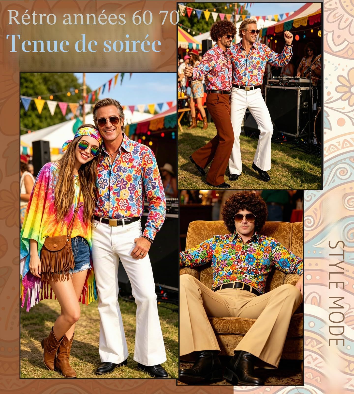 Ensemble de costume disco des années 70 - Hippie - Pour homme - Avec pantalon évasé - Chemise - Pour carnaval des années 50, 60, 70, cosplay, Halloween