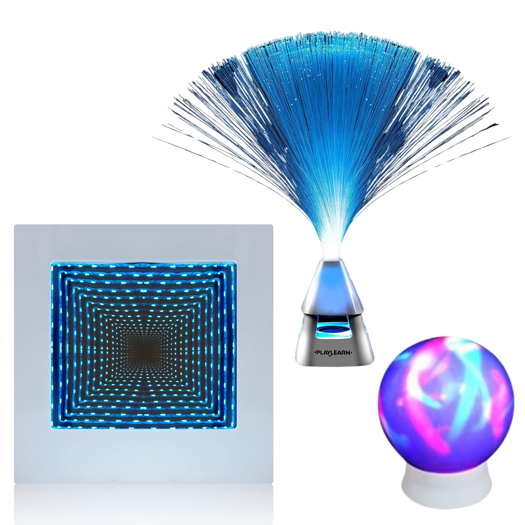 Playlearn 22cm Sensory LED Infinity Mirror Tunnel Light - 17cm Color Changing Mood Sphere & 35cm Fibre Optic Lamp with Wireless Speaker Night Desktop Sensory Light Decor