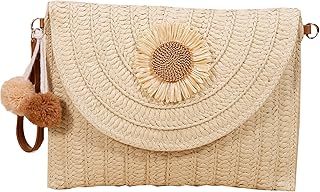 NETFEN Straw Purses for women, Straw Bag Clutch Purses Bohemian Bag Straw Clutch Beach Purse Women Beach Essentials for Summer Vacationï¼ˆCreamy-white with fur ball + Sunflower