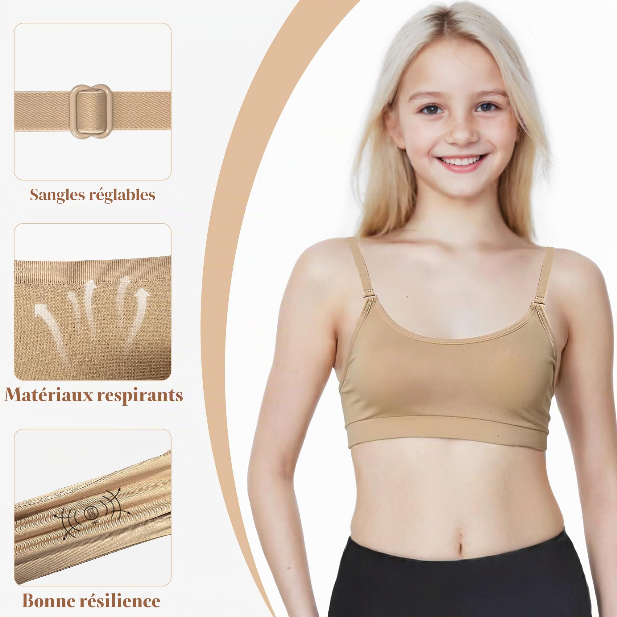 Soutien-gorge de danse à bretelles transparentes pour filles, non rembourré avec 2 paires de bretelles réglables, 1 paire de coussinets en silicone