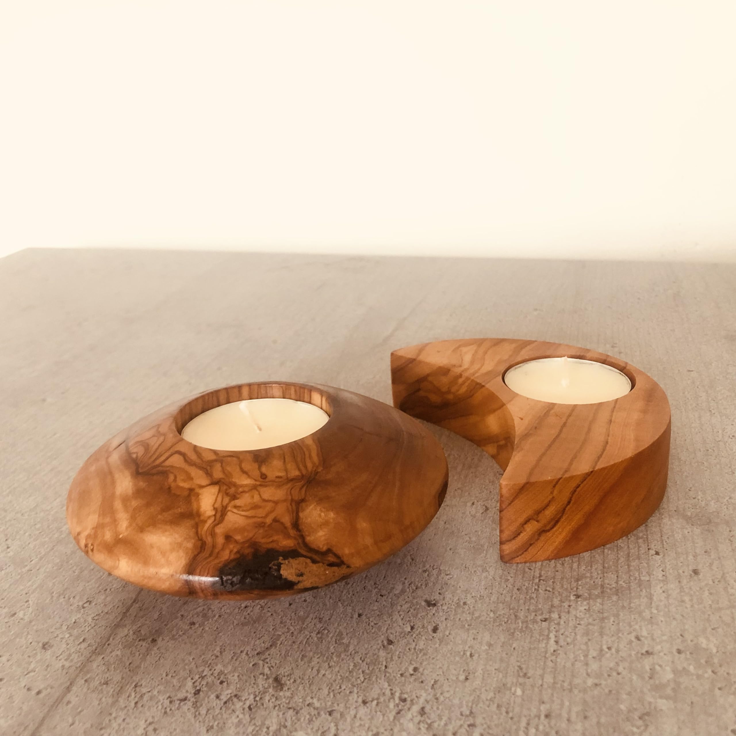 Unique Tea Light Set Crescent Round Shape Candle Holder Handmade Housewarming Gift Tea Light for Home Decor Olive Wooden Tea Lights