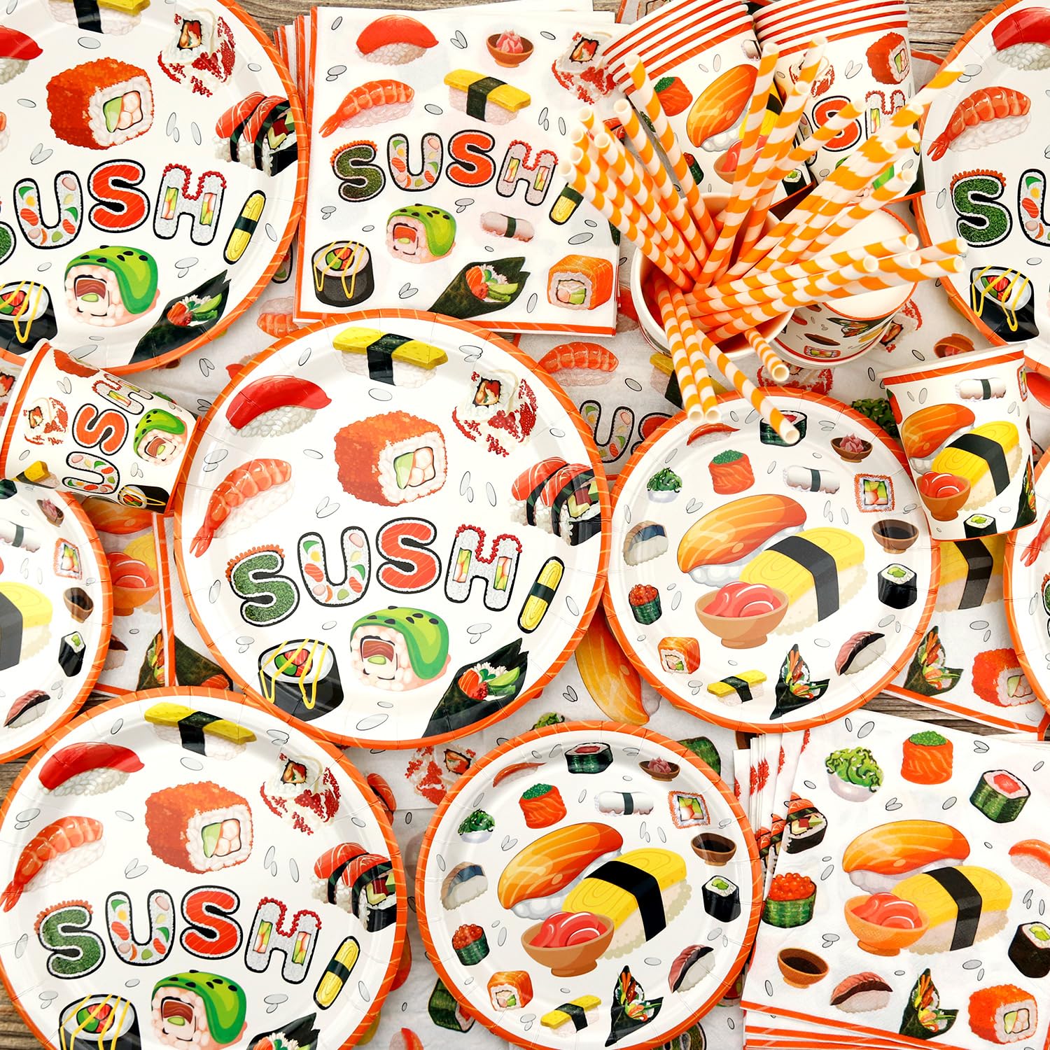 Decorazioni per feste di compleanno a tema sushi, tra cui piatti, tazze, tovaglioli, tovaglie, cannucce, per feste a tema sushi