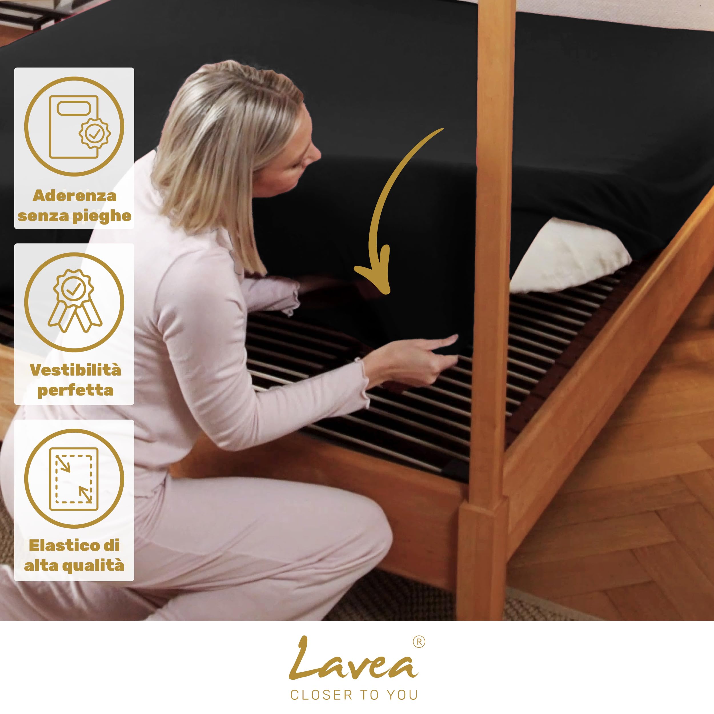Lavea® Lenzuolo con Angoli Matrimoniale 180x200 cm – Jersey 100% Cotone – Per Materassi Topper fino a 10 cm – Con Elastico Tutto Intorno – Certificato OEKO-TEX – Nero