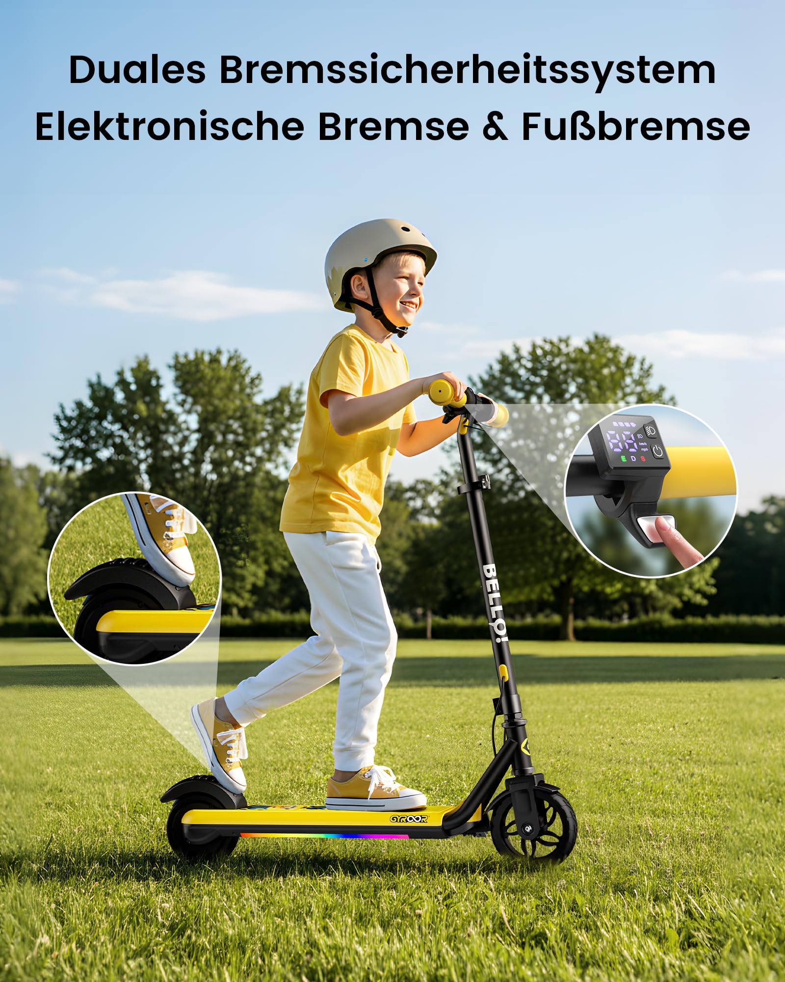 Gyroor H30 Max E Scooter Kinder 6-12 Jahre, 150W Motor Elektroroller für Kinder 10/13/16 km/h LED Digitalanzeige, Musik E Roller Kinder Doppeltes Bremssystem, 3 Einstellbare Höhe Elektrorscooter
