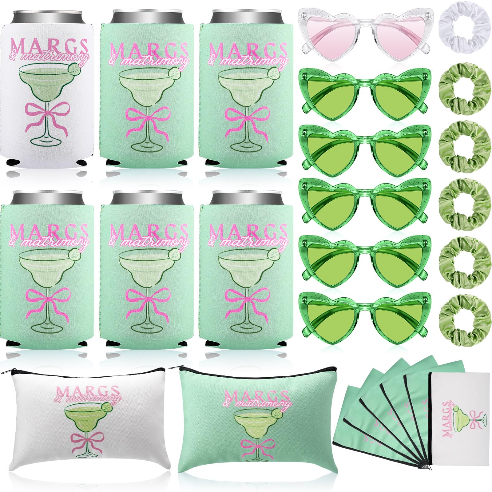 Abbylike 24 Pcs Margs and Matrimony Bachelorette Party Decorations Margarita Party Beer Can Sleeve Cosmetic Bag Heart Sunglasses Scrunchies Bridesmaid