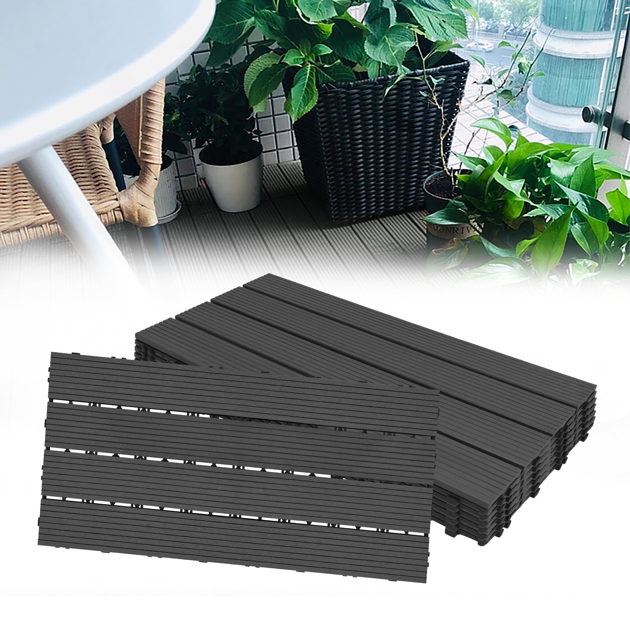 HENGMEI WPC Fliesen Terrassenfliesen 30x60cm Balkonfliesen Klickfliesen Bodenbelag mit klicksystem, 1m²6 Stück für Terrasse und Balkon, Anthrazit