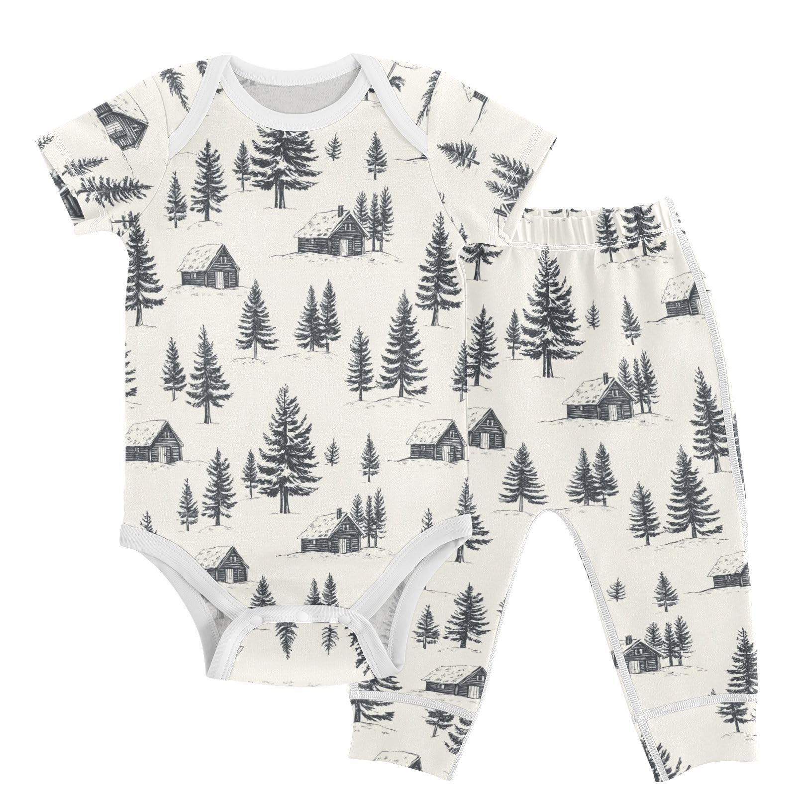 vvfelixl Forest Cabin Baby Bodysuits Set,Baby Layette Sets Unisex Short Sleeve Babys Pants Sets 6-9M