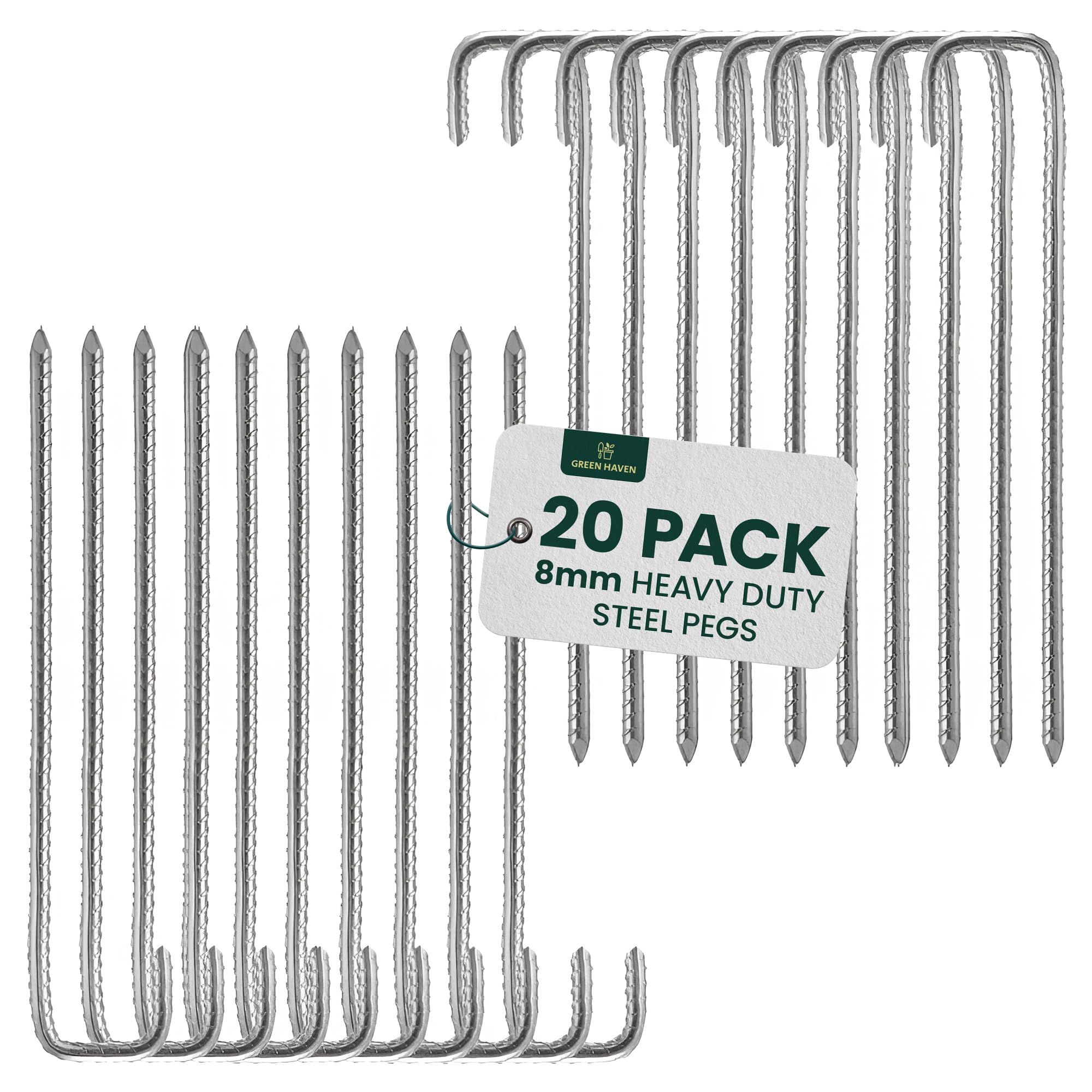 GREEN HAVEN Ultra-Strong Heavy Duty Tent Pegs Pack of 20-8mm x 12 inch Extra Thick Tent Metal Camping Pegs, Rust Proof J-Pin Thick Peg, Ideal for Agricultural Fences, Camping, Garden