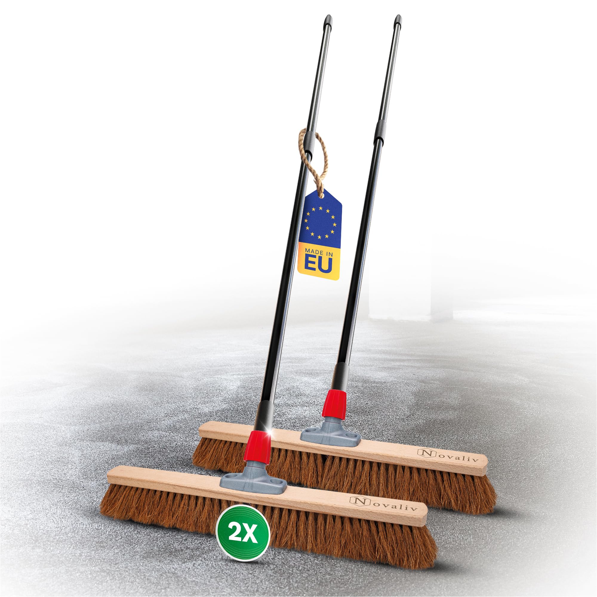 Novaliv 2X Kokosbesen 60 cm mit Teleskopstiel Kokosborsten Besen Naturborsten Werkstattbesen mit Stiel Hallenbesen Industriebesen Hausbesen Kehrbesen Malerbesen Haarbesen Terassenbesen Besen weich