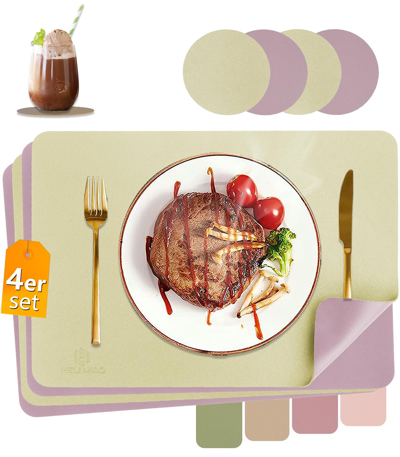 HELI MIAO Tischsets Abwaschbar,Platzsets Abwischbar, Leder,Hitzebeständig Doppelseitigen I 6er Set Platzdeckchen Lederoptik mit Untersetzer,Tischuntersetzer rutschfest,Salbeigrün