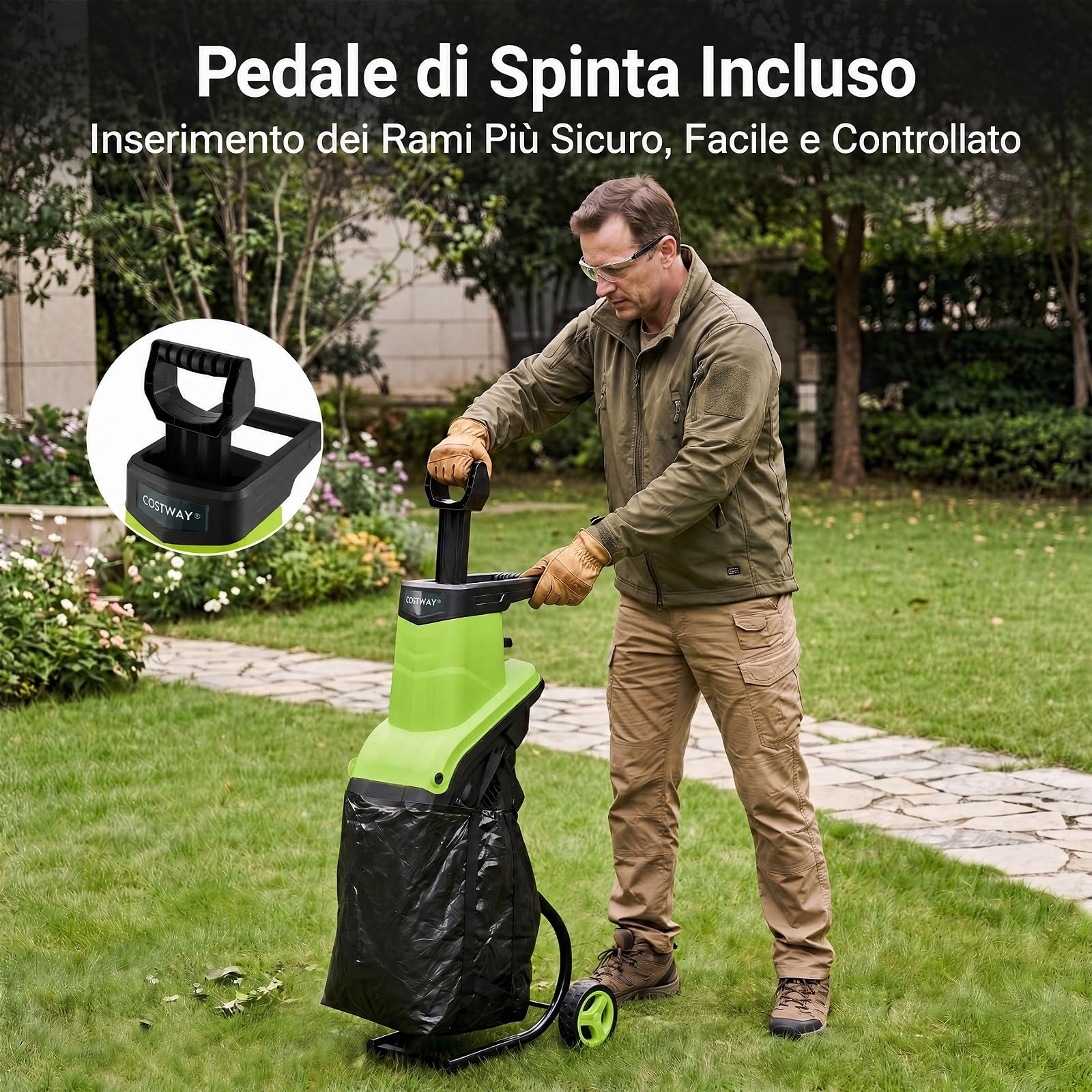 COSTWAY Biotrituratore Elettrico 2500 W, Cippatore Trita Legno (Verde) | Trinciatrice da Giardino a Rullo per Rami e Arbusti 45 mm con Sacco 50 L, Lame a Doppio Taglio, Pala Spingirami e Maniglia