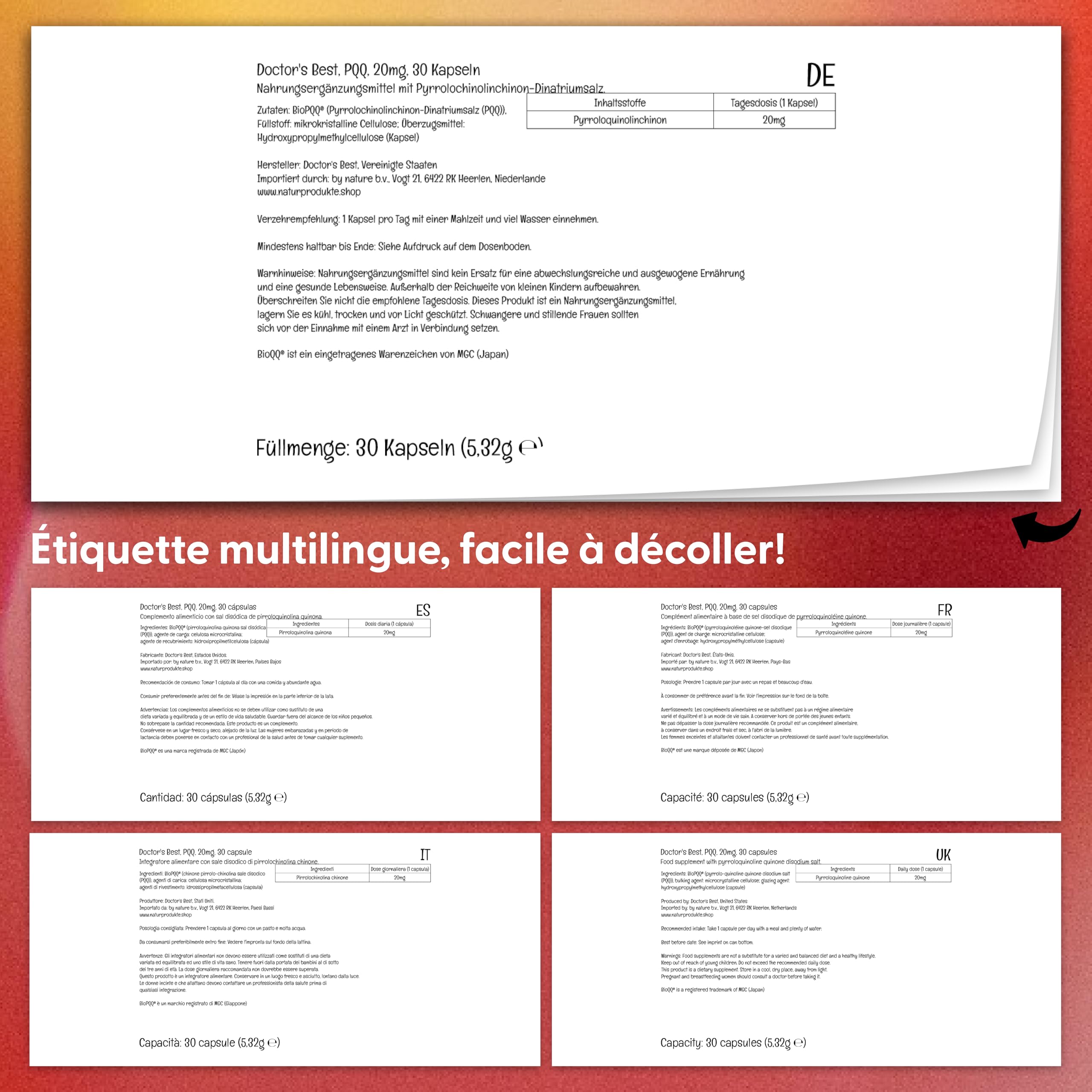 Doctor's Best, PQQ (Pyrroloquinoline Quinone), avec BioPQQ, 20 mg, 30 Capsules végétales, Hautement Dosé, Sans Soja, Sans Gluten, Sans OGM