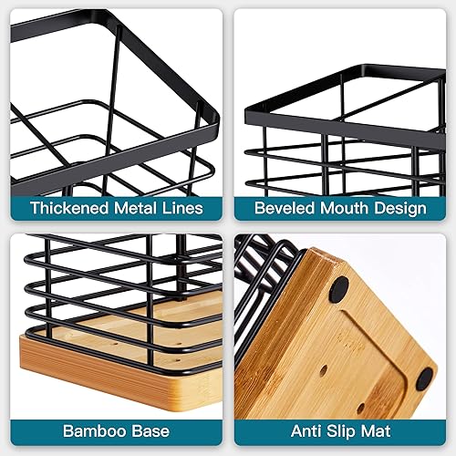 Miniatura 4 de Suli Soporte de utensilios de cocina extra grande con 4 compartimentos, soporte de metal negro mate con base de madera para encimera de cocina,