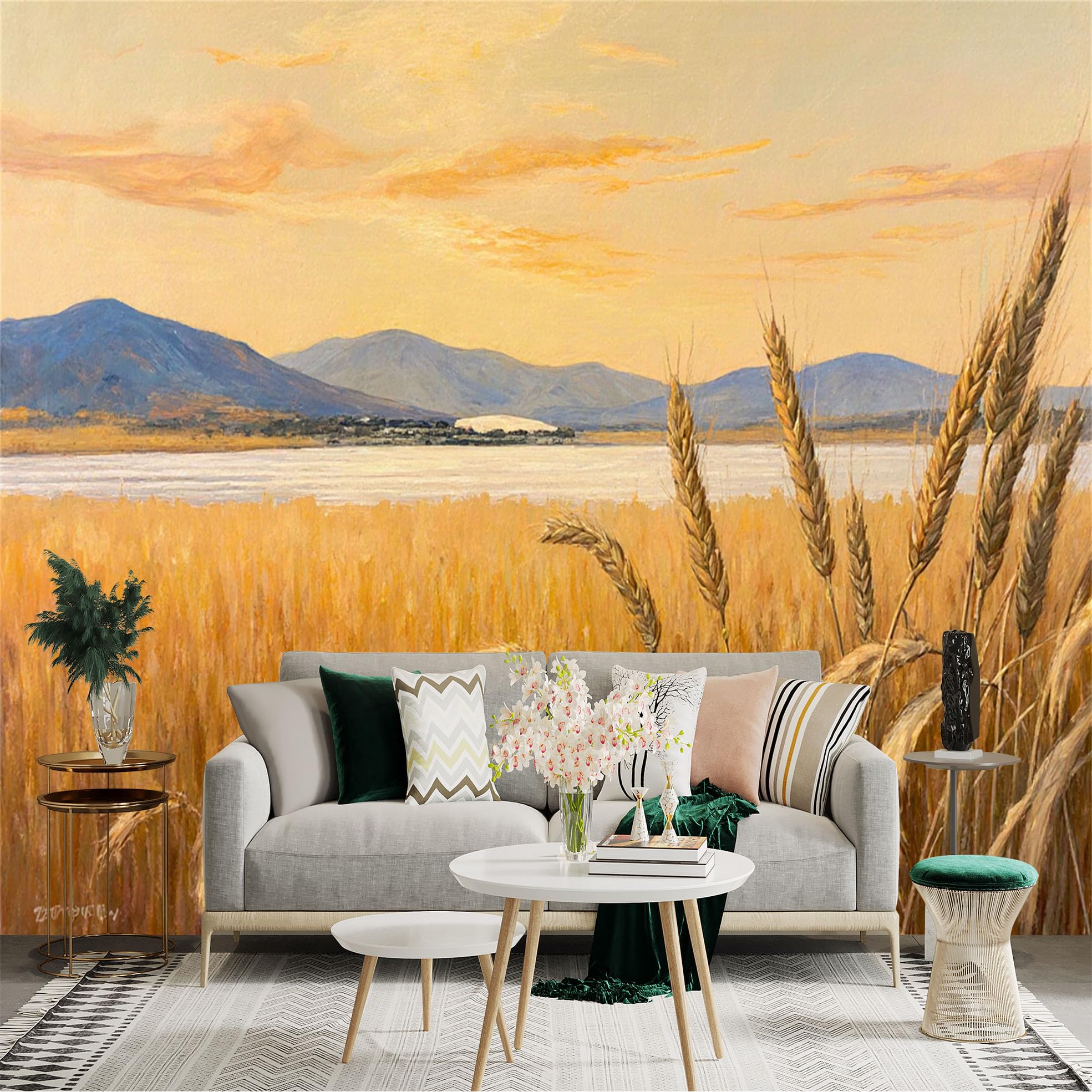 Lnzczhyre Xc260505180 Custom Size Wall Sticker Mural， Golden Wheat Field At Sunset， Serene Lake And Distant Mountains， Rural Landscape Scenery， For Wall Decoration， Peelandstick Wall Decals.