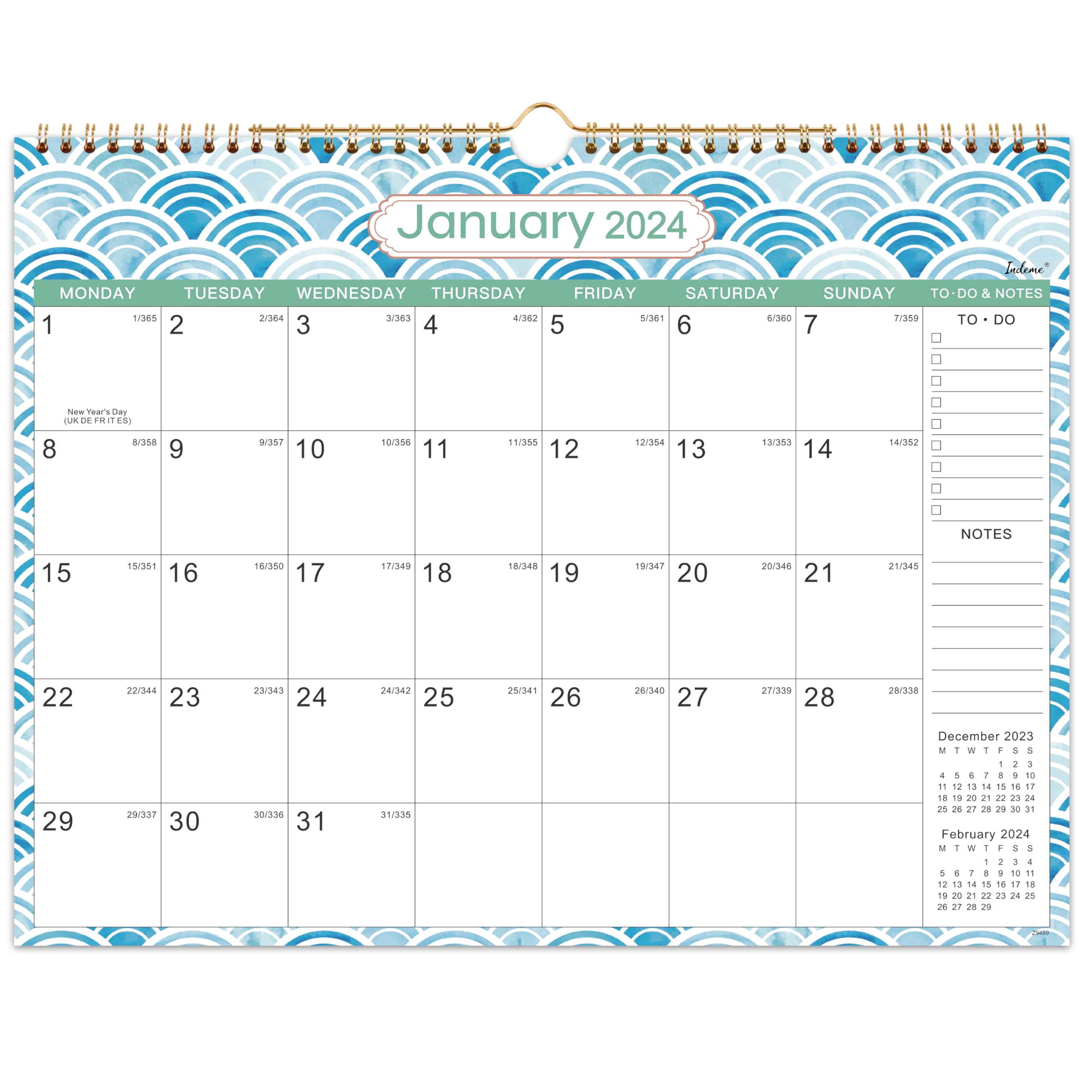 2024 Calendar - 2024 Wall Calendar uk with Thick Papaer, 2024 calendar month to view, 37 x 29 cm, Jan. 2024 - Dec. 2024, Twin-Wire Binding Hanging Hook Large Mixed Color Ruled Blocks, Blue