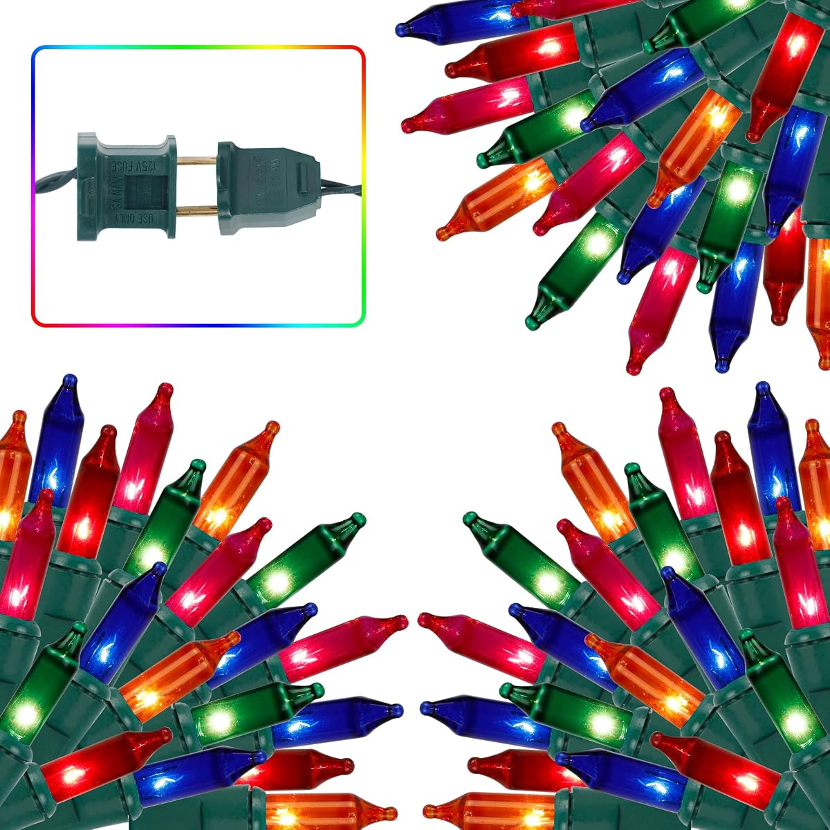 3 juegos de luces navideñas, 150 unidades de 33 pies cada una, mini cadena de luces, luces de hadas de alambre verde, luz de árbol de Navidad conectable con certificación UL de 120 V para vacaciones, invierno, patio, fiesta, decoración al aire libre, multicolor